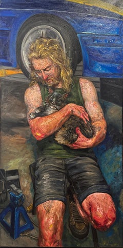 Peter Lupkin - @dearderekking - Retrato de un vagabundo después de una carrera, acunando a un gato, enmarcado @dearderekking - Retrato de un vagabundo después de una carrera, acunando a un gato, enmarcado