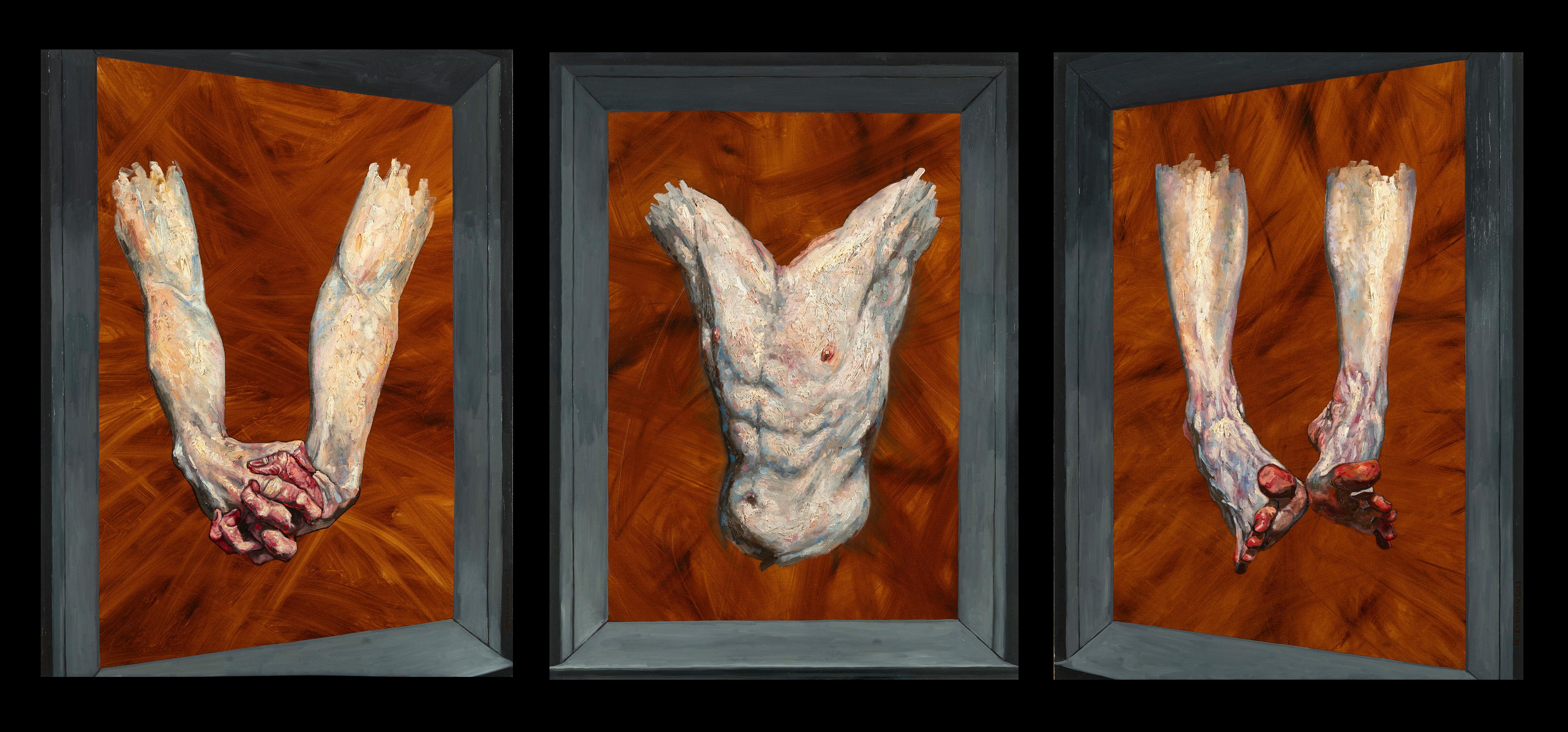 Nude Painting Peter Lupkin - Portrait personnel déconstruit, Triptyque, encadré, peinture à l'huile originale