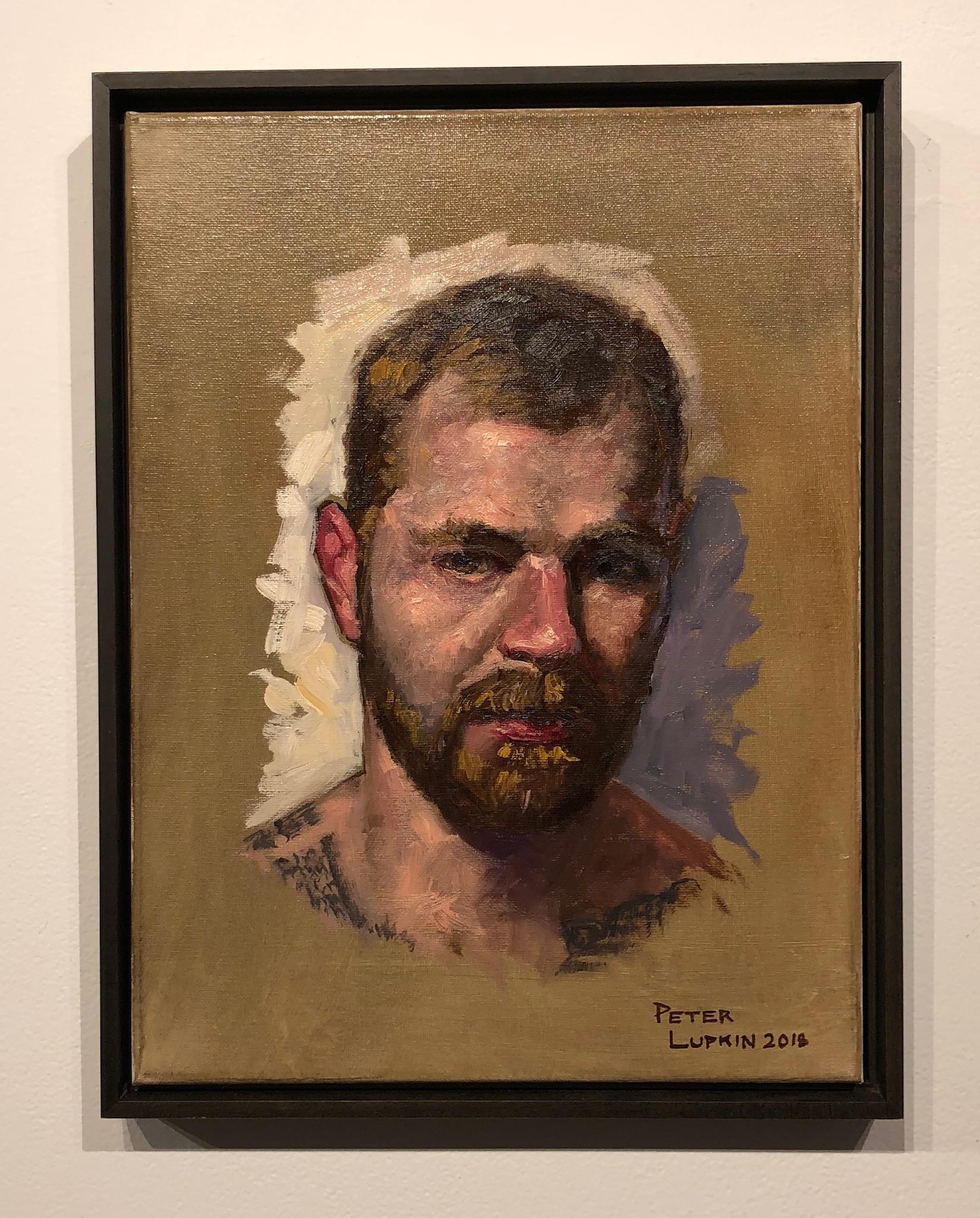 Doug, Male Figure with Tattoos, Full Beard and Mustache, Oil on Canvas, Framed – Painting von Peter Lupkin