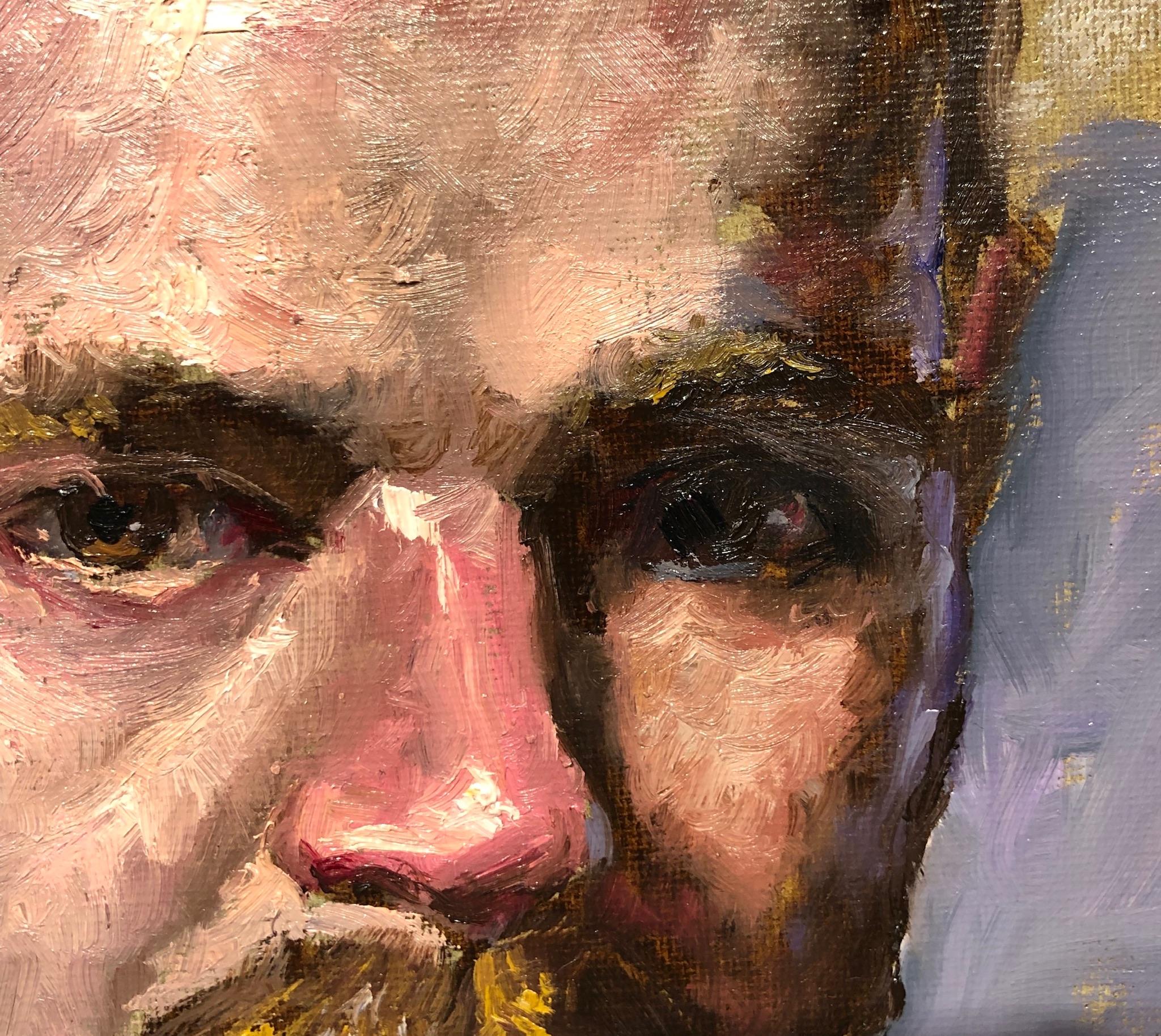 Doug, Male Figure with Tattoos, Full Beard and Mustache, Oil on Canvas, Framed - Brown Portrait Painting by Peter Lupkin