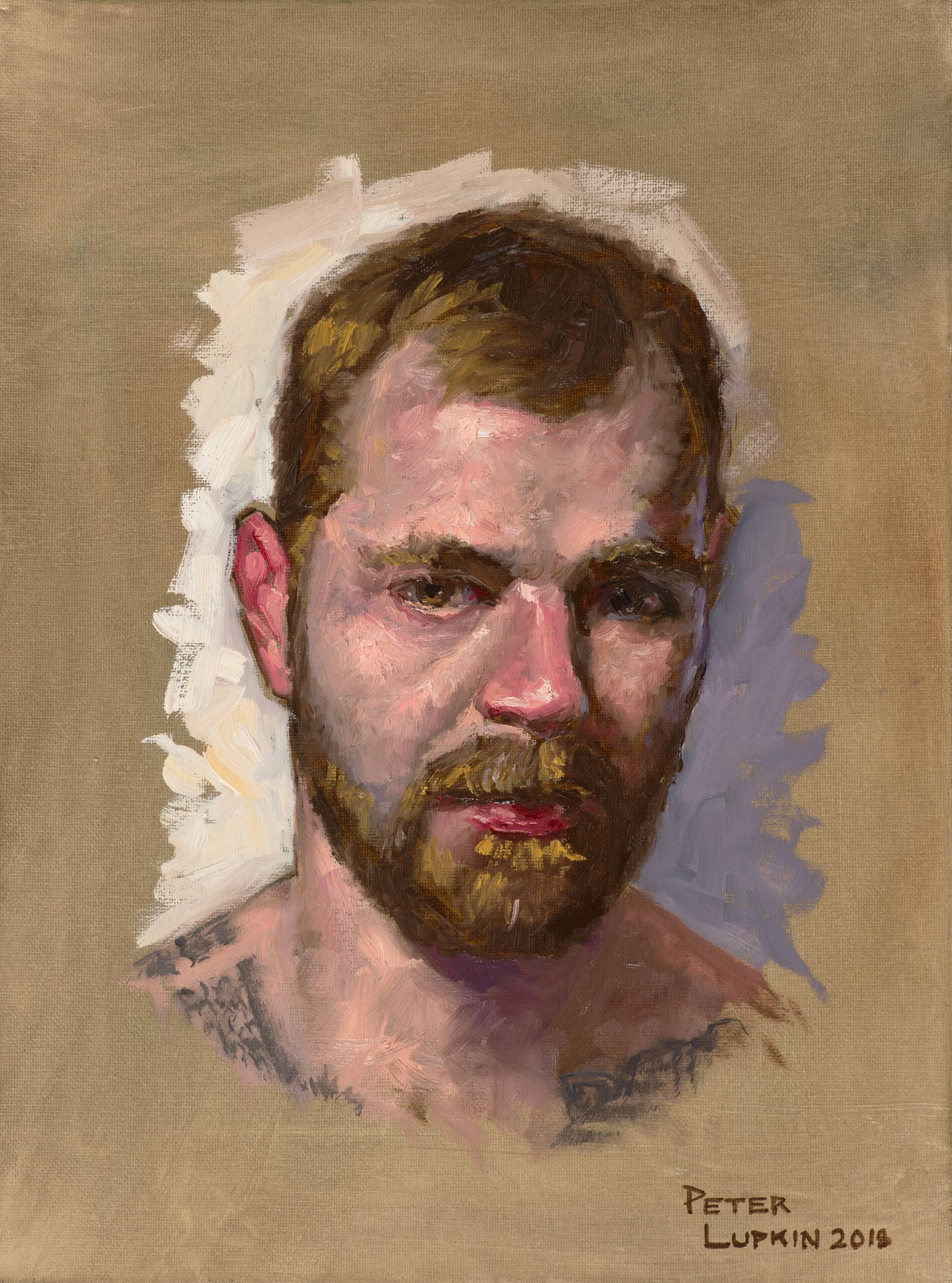 Peter Lupkin Portrait Painting - Doug, Male Figure with Tattoos, Full Beard and Mustache, Oil on Canvas, Framed