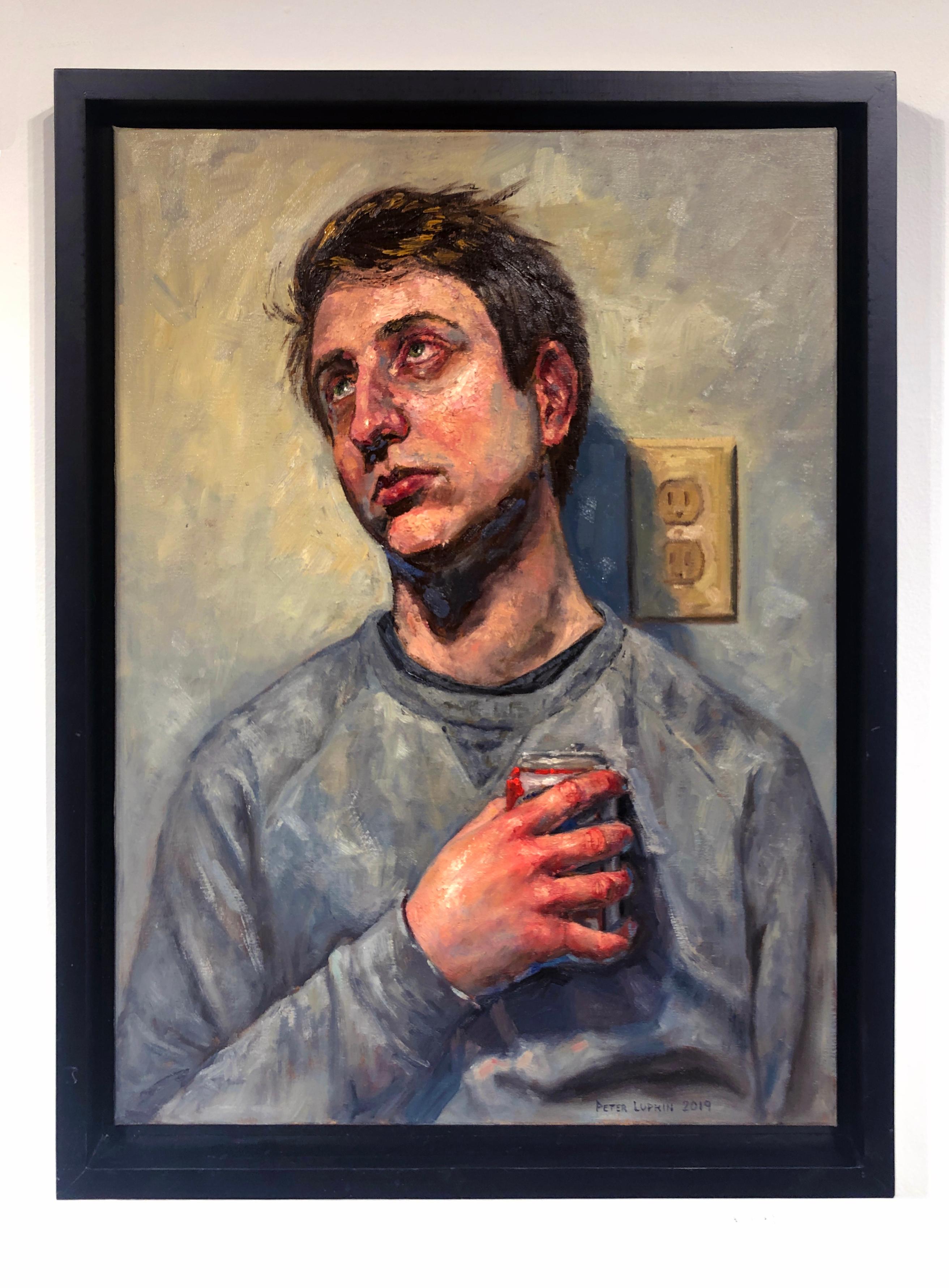Ecstasy in Grey, Male Portrait Gazing Upwards, Holding a Can of Beer.  Framed. - Painting by Peter Lupkin