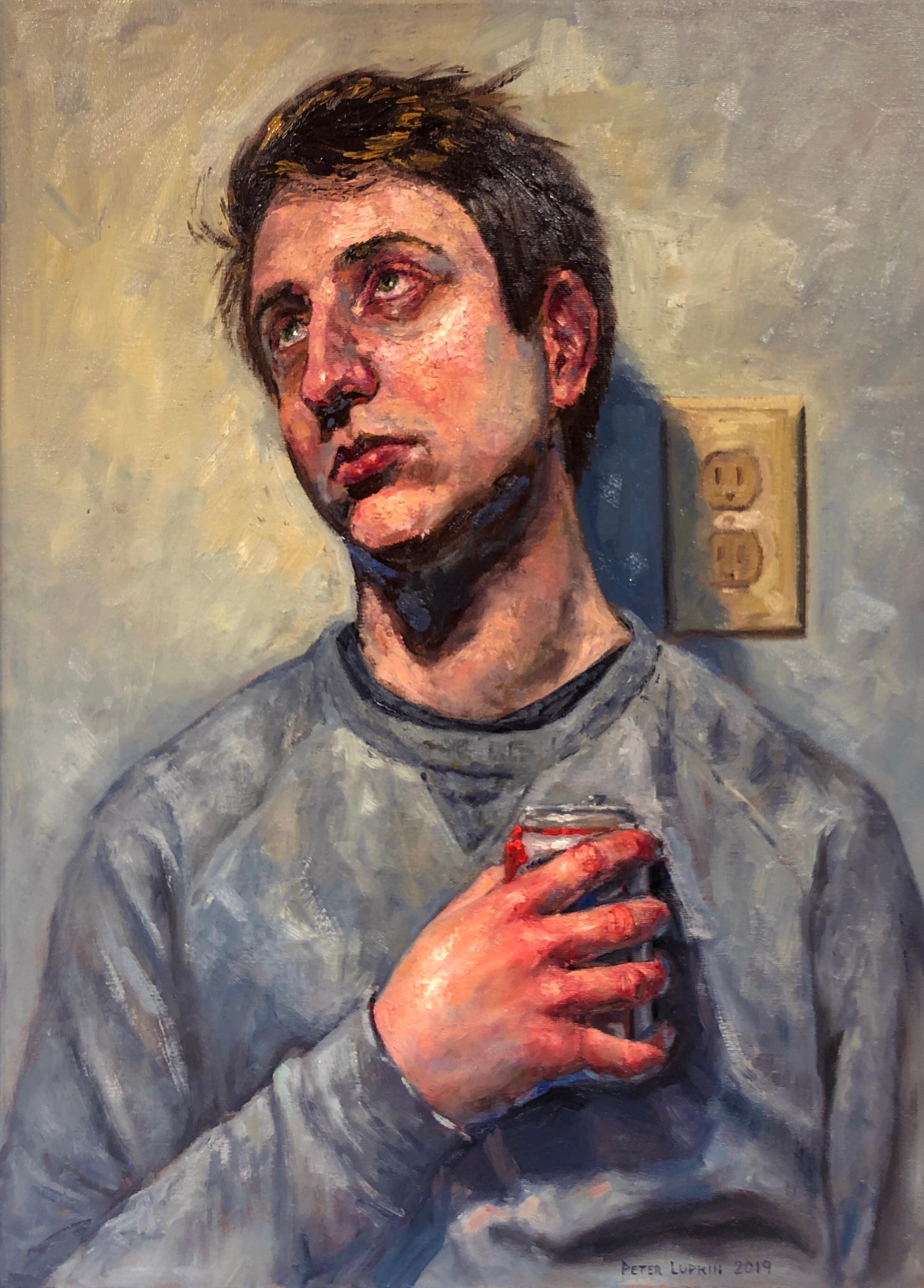 Peter Lupkin Figurative Painting - Ecstasy in Grey, Male Portrait Gazing Upwards, Holding a Can of Beer.  Framed.