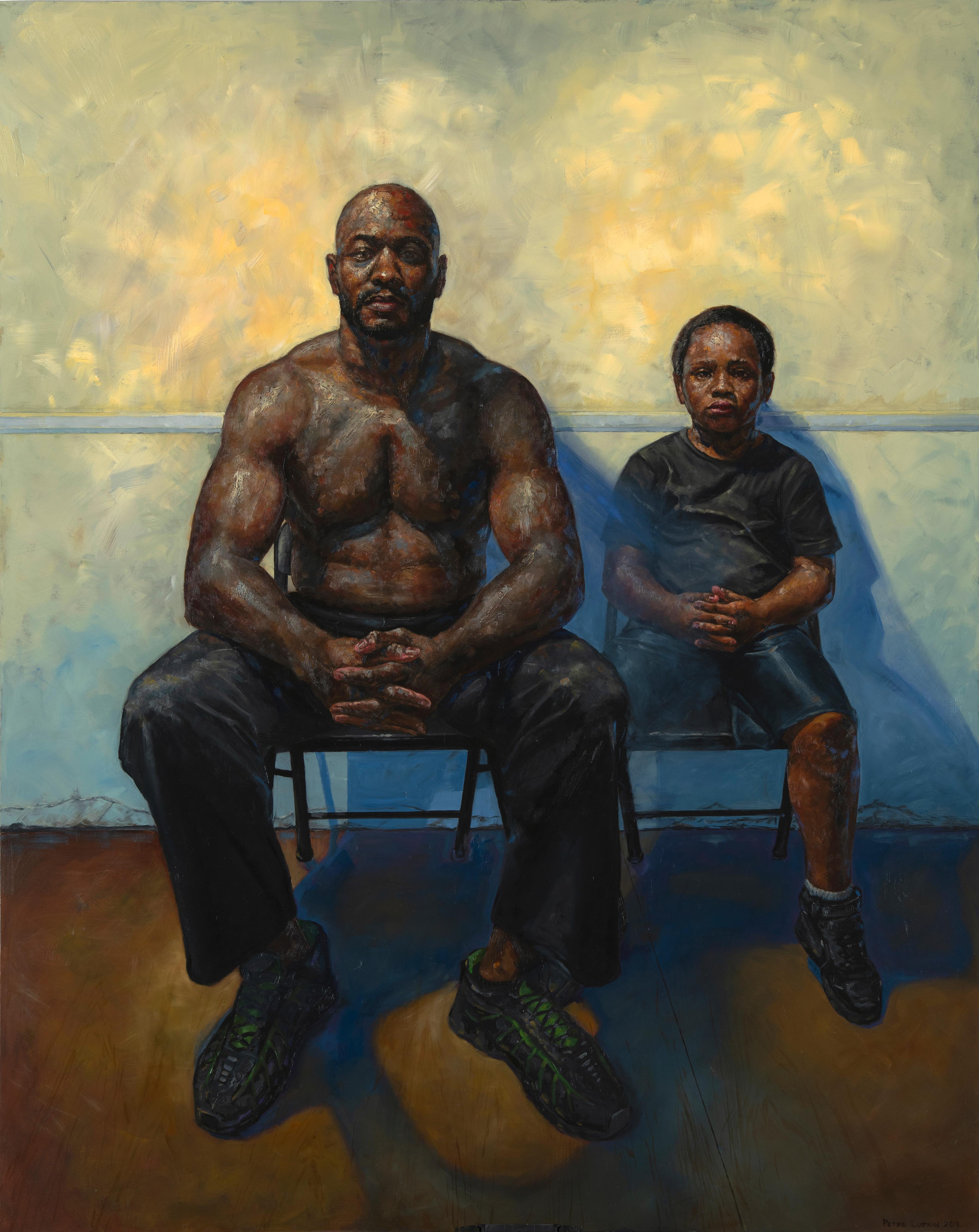 Peter Lupkin Portrait Painting - Father and Son - Original Oil Painting, Two Seated Figures Against a Yellow Wall