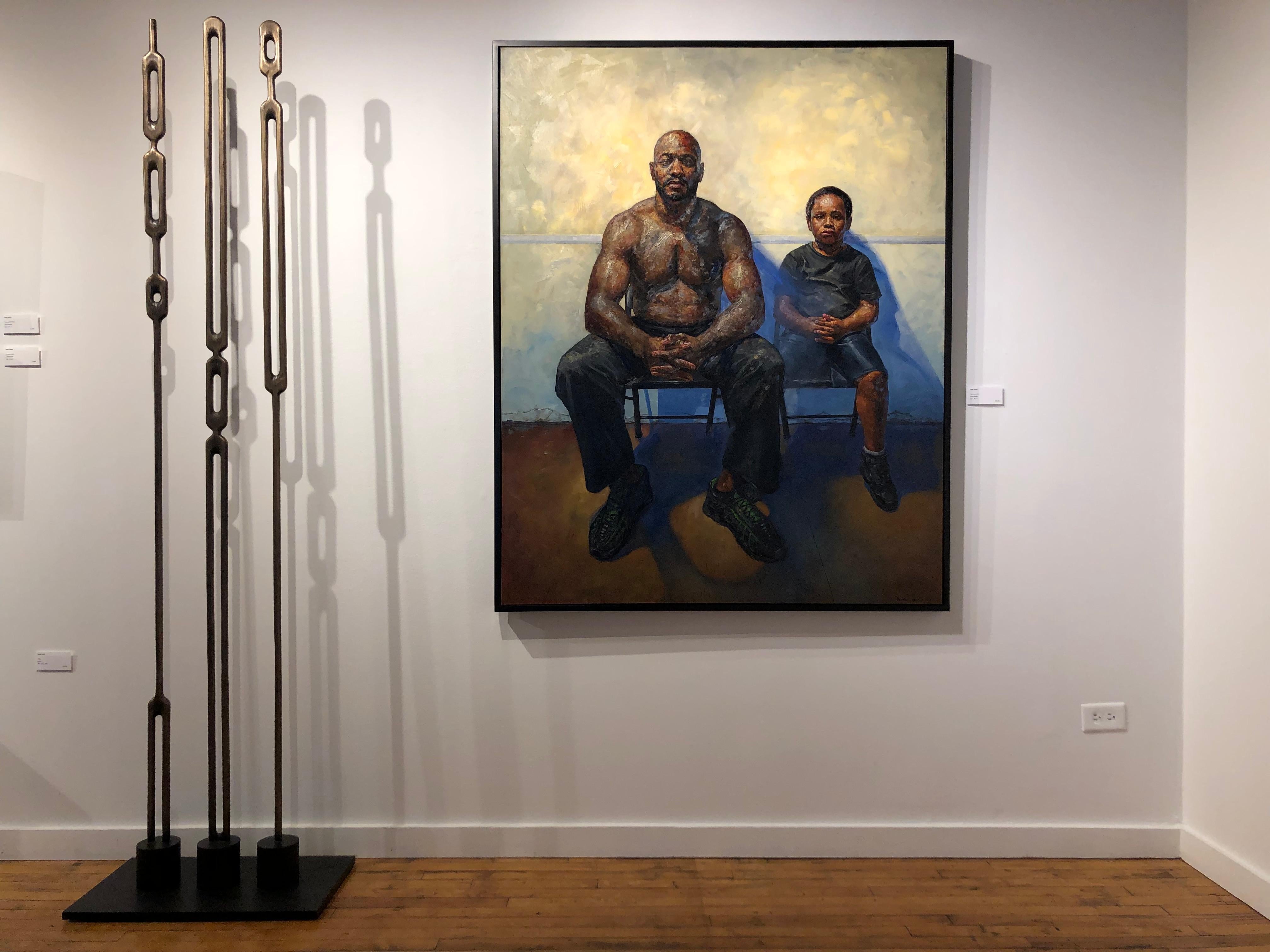 Father and Son - Original Oil Painting, Two Seated Figures Against a Yellow Wall 3