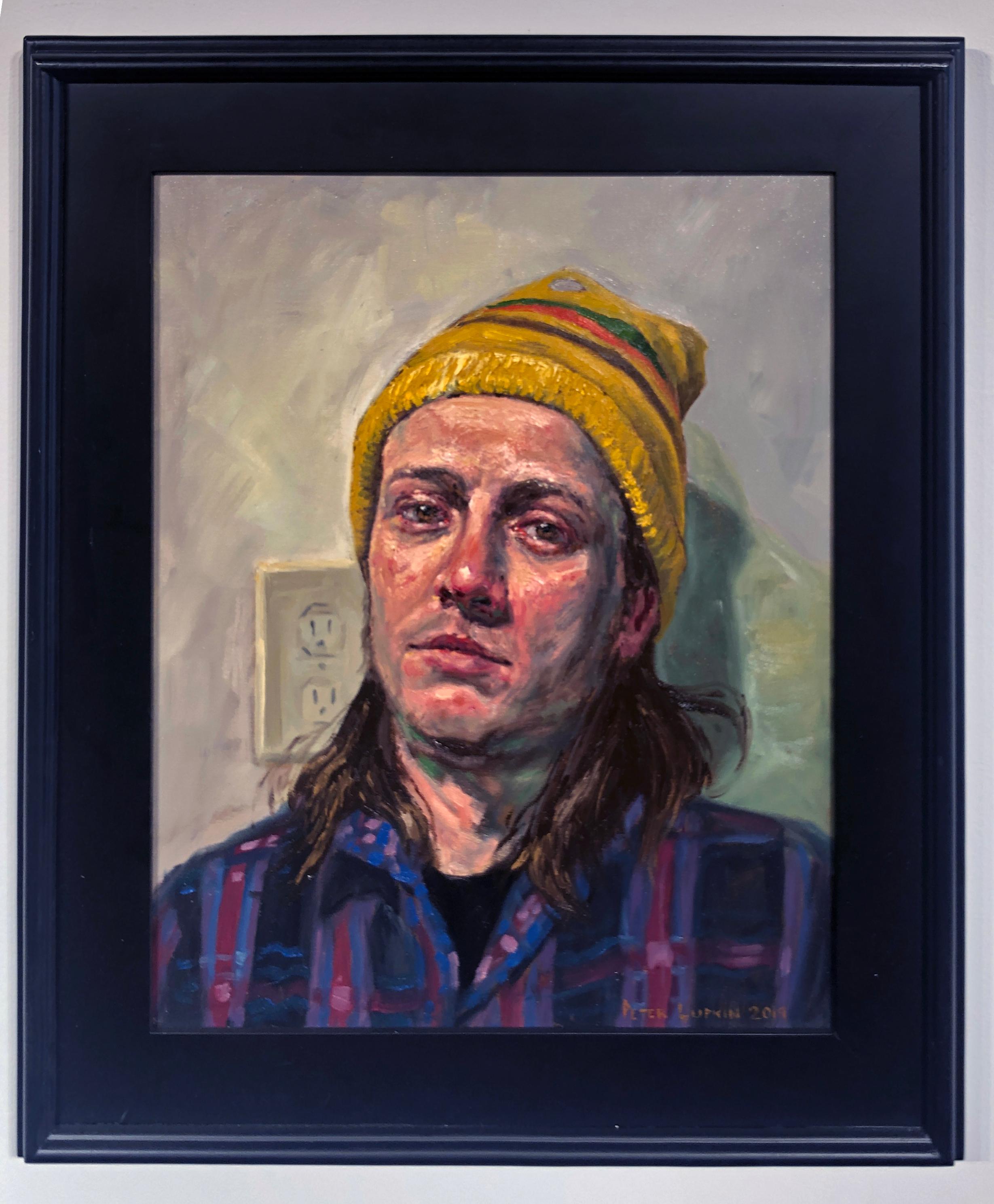 Hamburger Hat, Portrait of a Guy Wearing a Purple Shirt and Yellow Hat, framed - Painting by Peter Lupkin