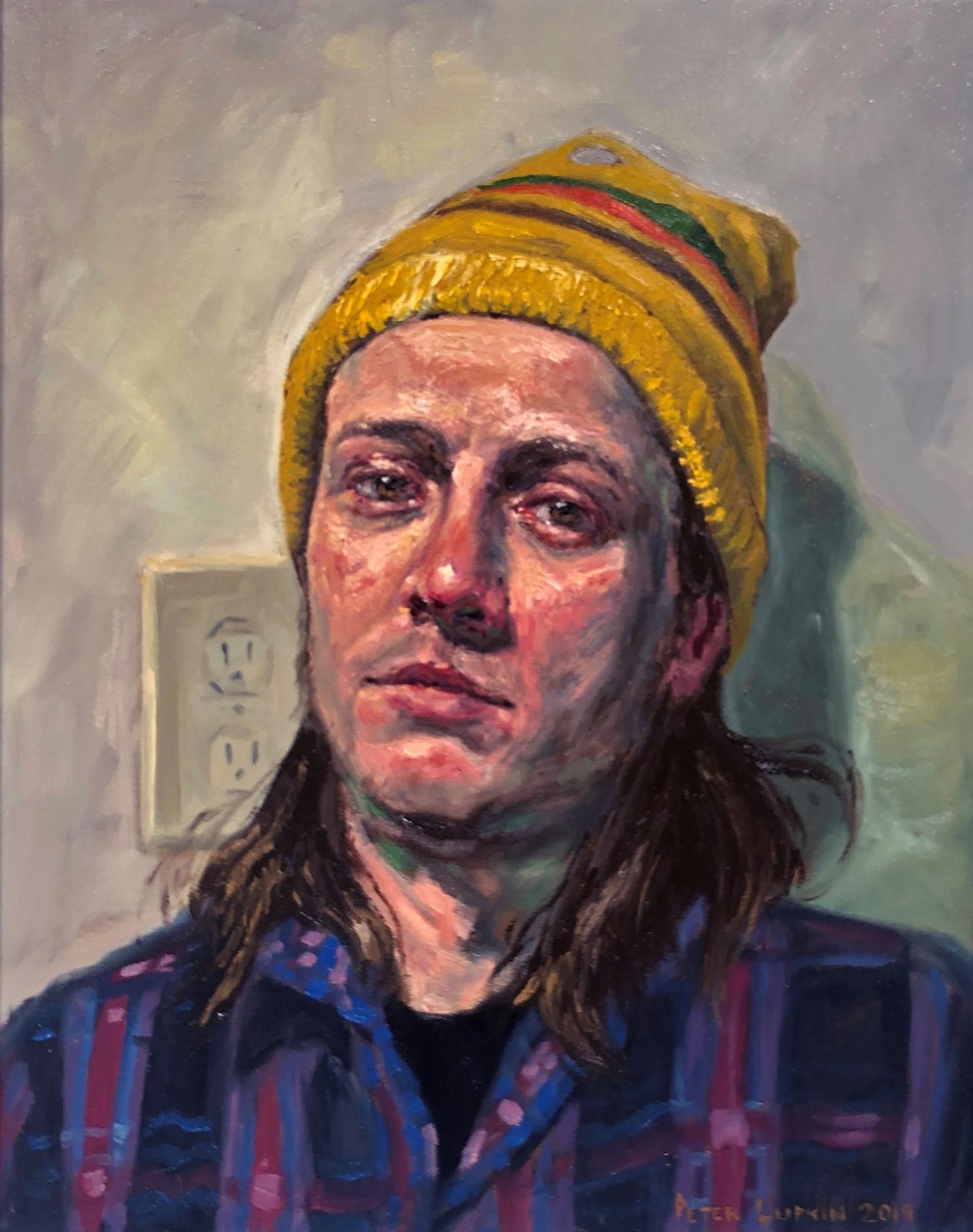 Peter Lupkin Figurative Painting - Hamburger Hat, Portrait of a Guy Wearing a Purple Shirt and Yellow Hat, framed