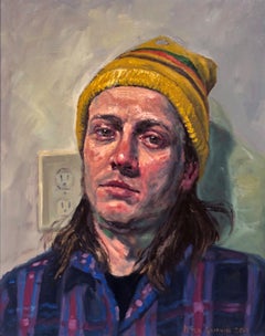 Sombrero de hamburguesa, Retrato de un tipo con camisa morada y sombrero amarillo, enmarcado