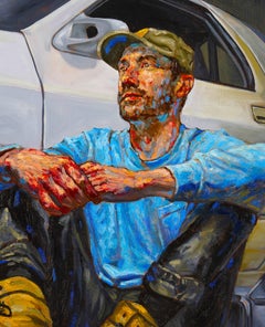 @kirb_ztomp - Kontemplatives Männchen, das sich an ein weißes Auto lehnt, gerahmt