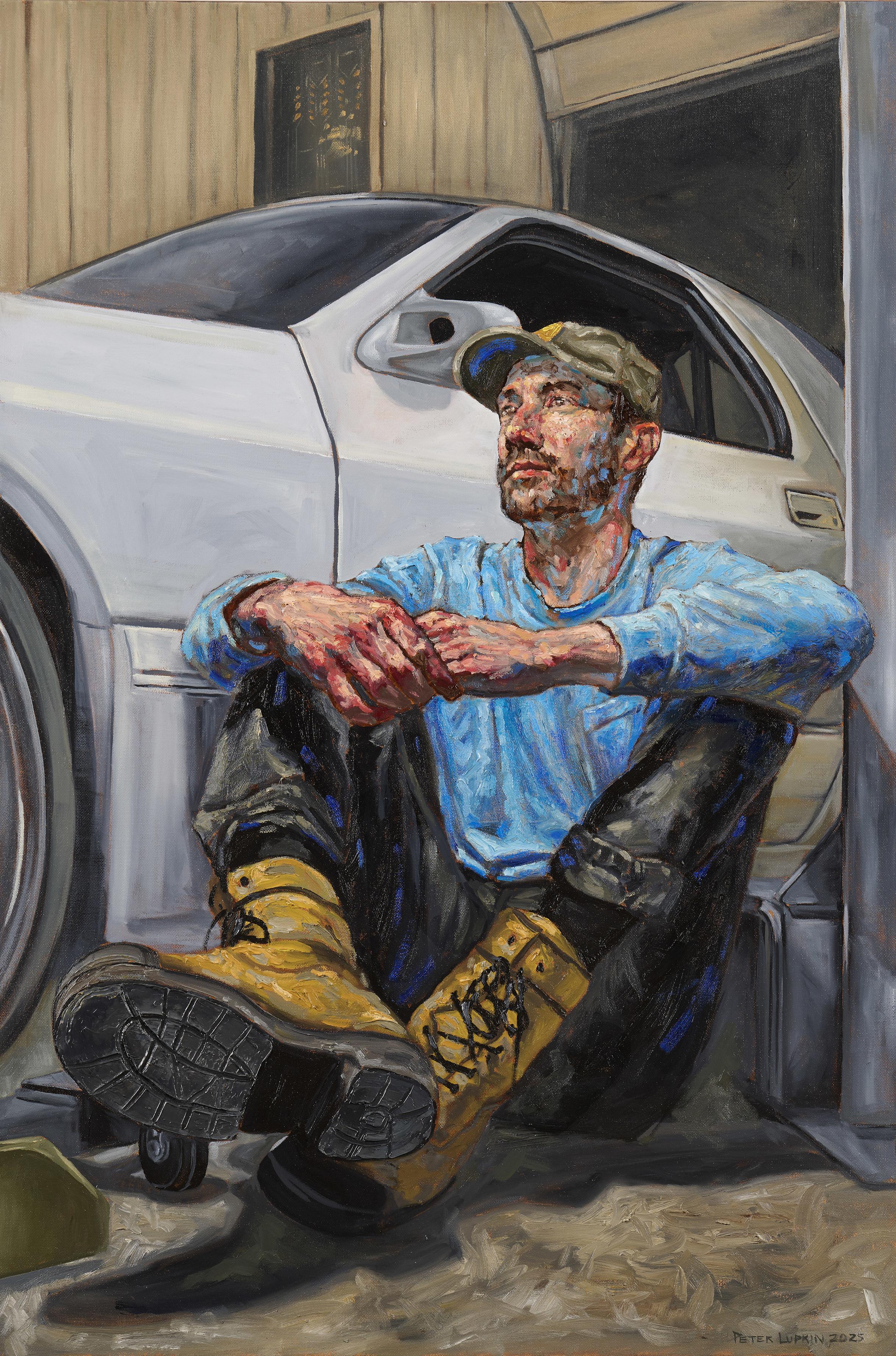 Figurative Painting de Peter Lupkin - @kirb_ztomp - Hombre contemplativo apoyado en un coche blanco, enmarcado