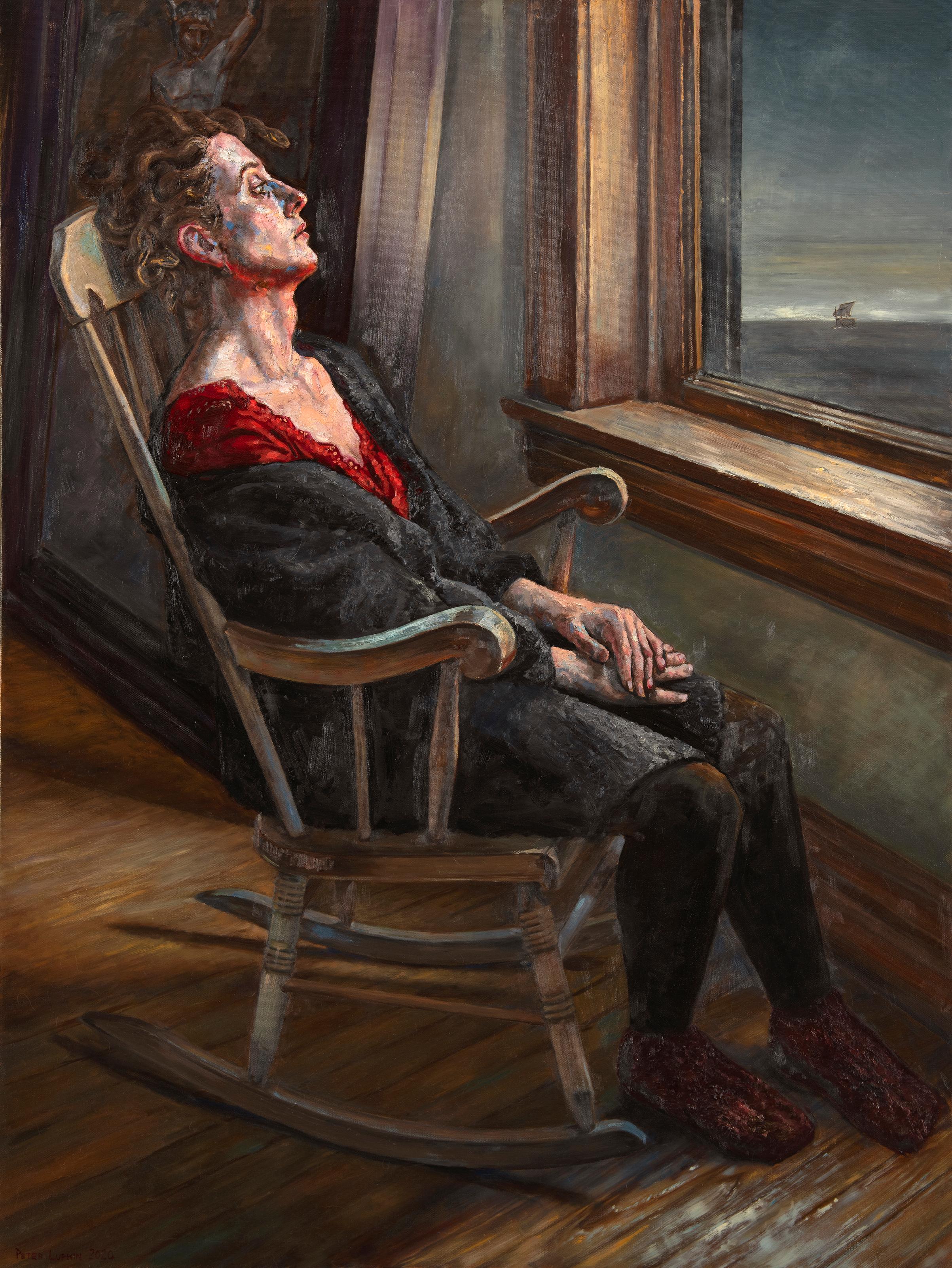 Peter Lupkin Figurative Painting - Medusa Complex, Solitary Female Figure in Rocking Chair, Staring Out a Window