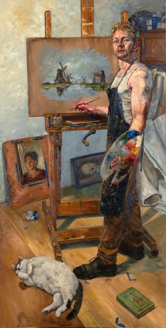 Not Windmills But Giants, Self Portrait of Artist in His Studio with Cat