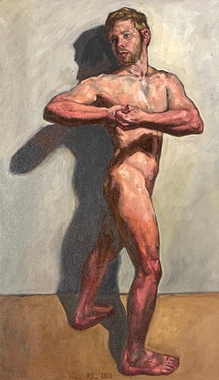 Nudefarbenes Selbstporträt #1 - stehender männlicher Mann in klassischer Pose, Original Ölgemälde