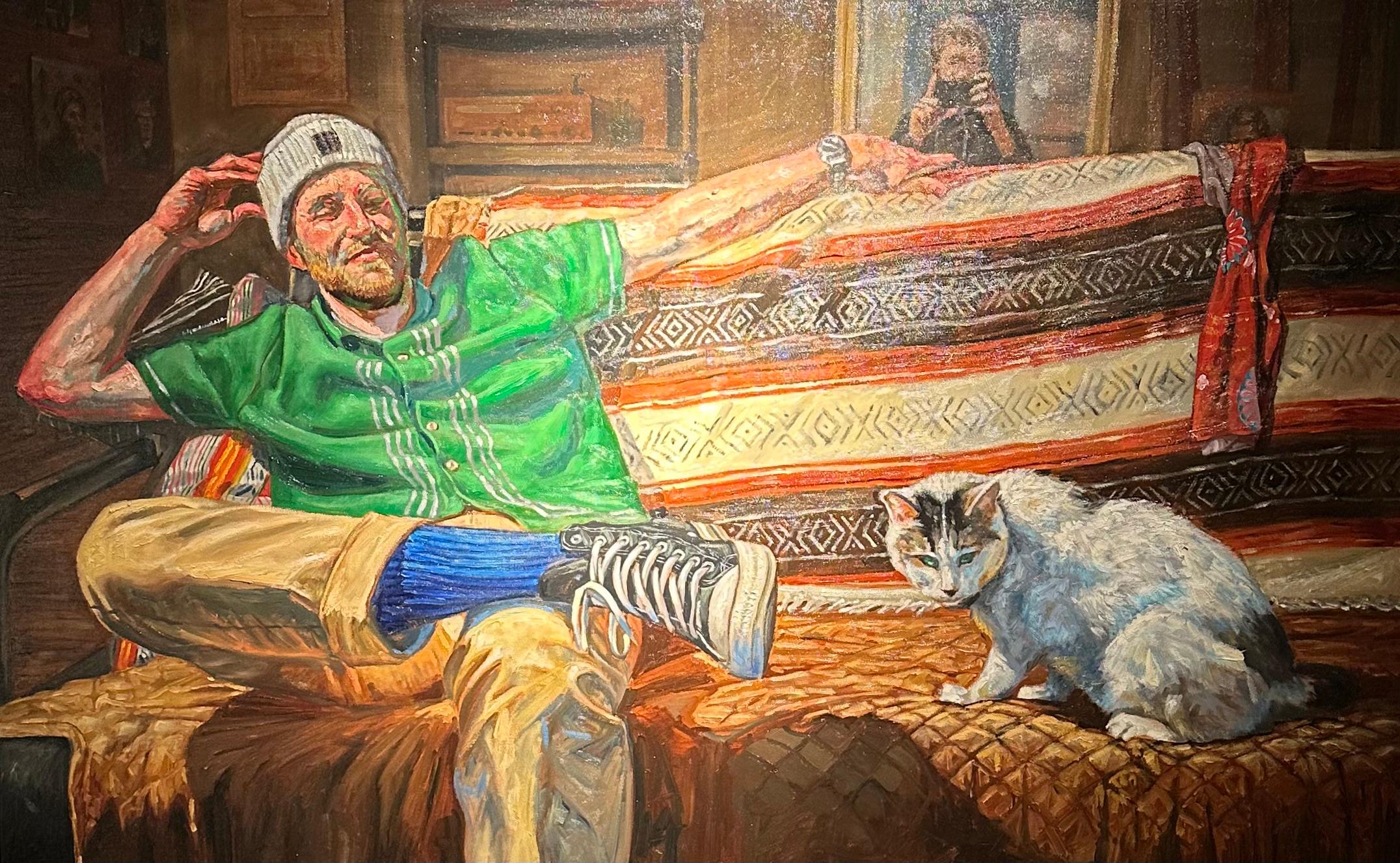 Peter Lupkin Figurative Painting - Old Friends  - Multi-Patterned Interior Scene of a Guy Sitting with a Fluffy Cat