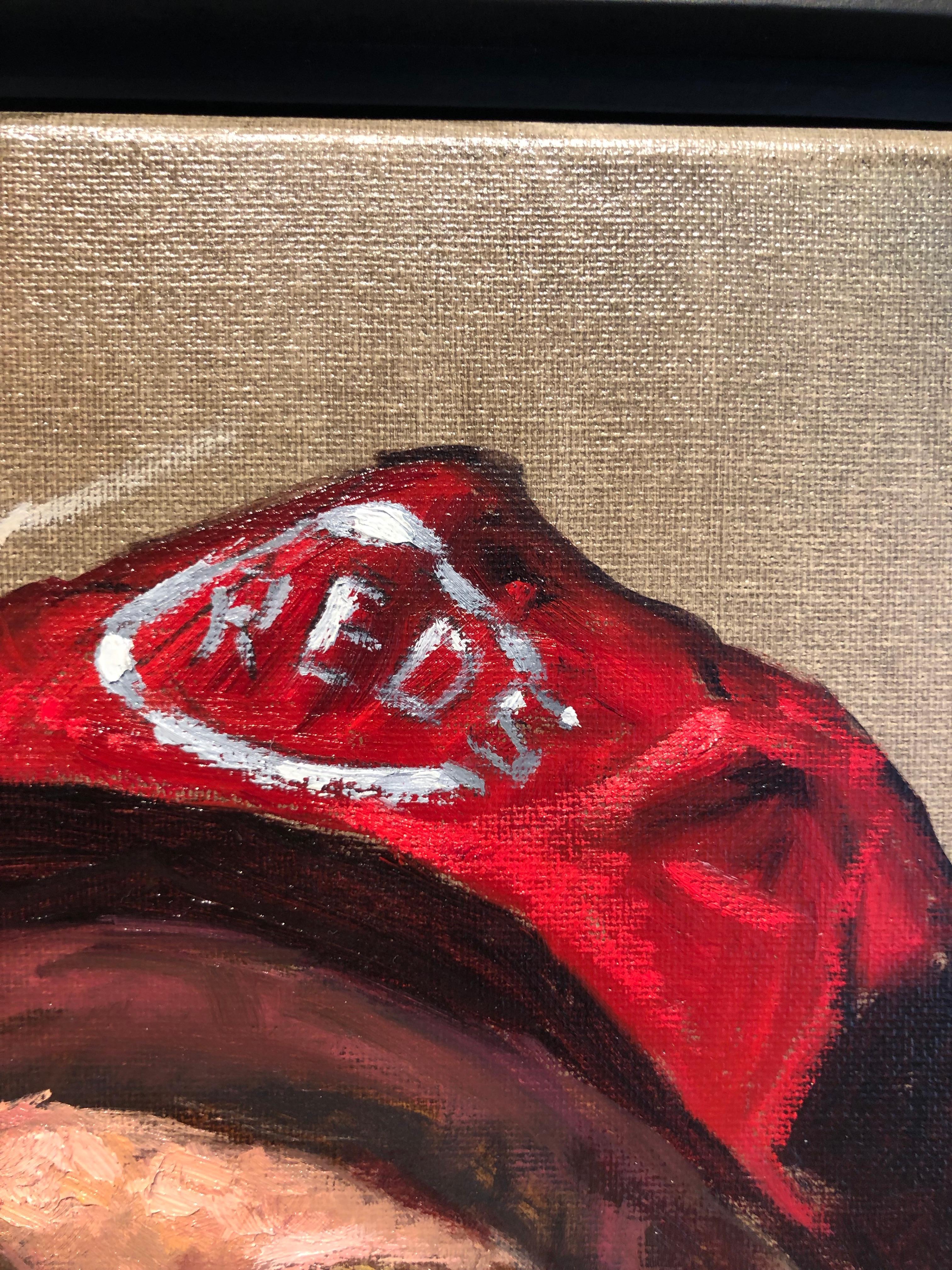 Portrait of a Bartender, John- Painting of a Guy Cincinnati Reds Baseball Cap - Brown Figurative Painting by Peter Lupkin