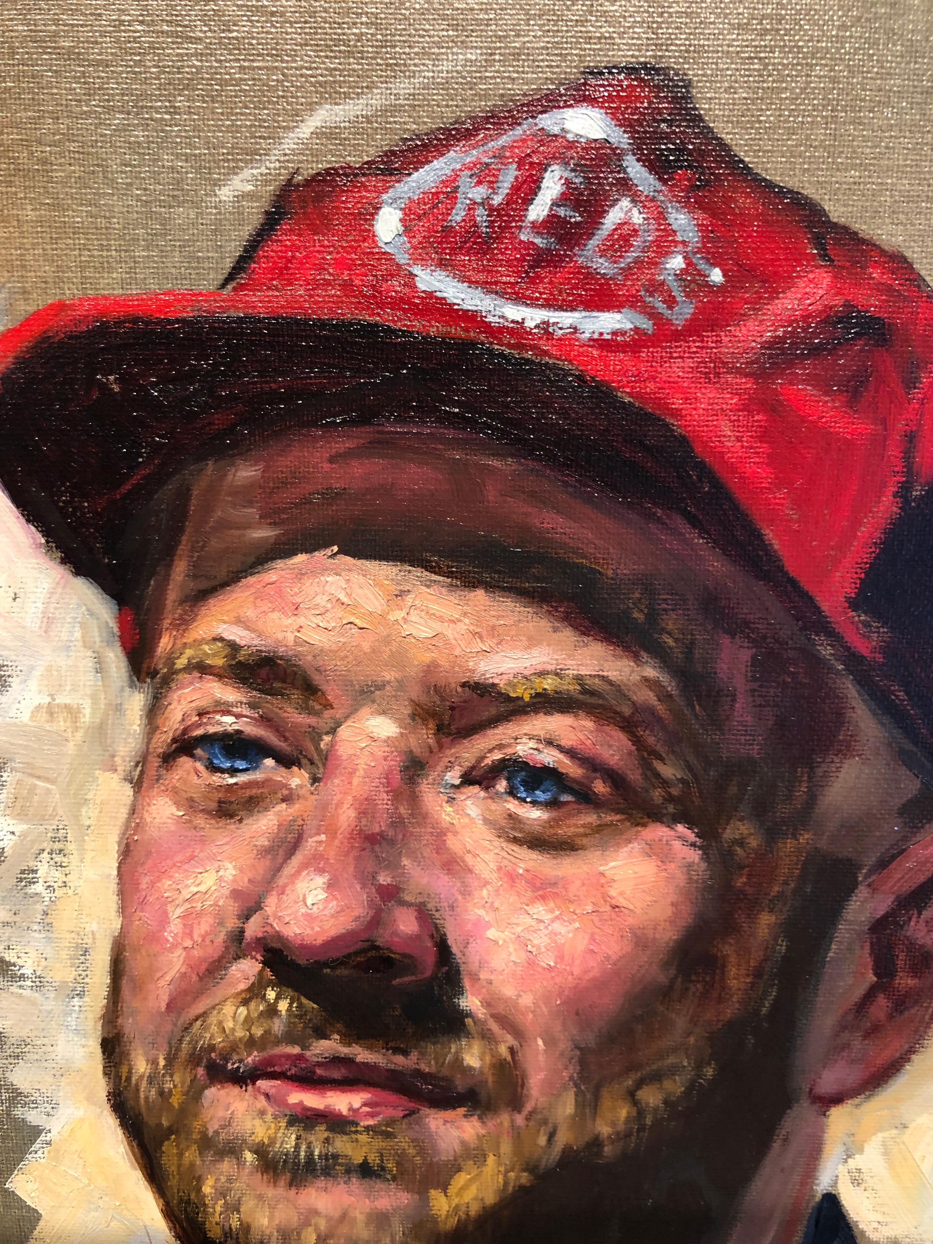 This painterly portrait of local bartender friend of the artist uses loose, active brush strokes, deft handling of color, and dramatic lighting to capture a moment of thoughtfulness in the expression.  Bright blue eyes stand out against the pink
