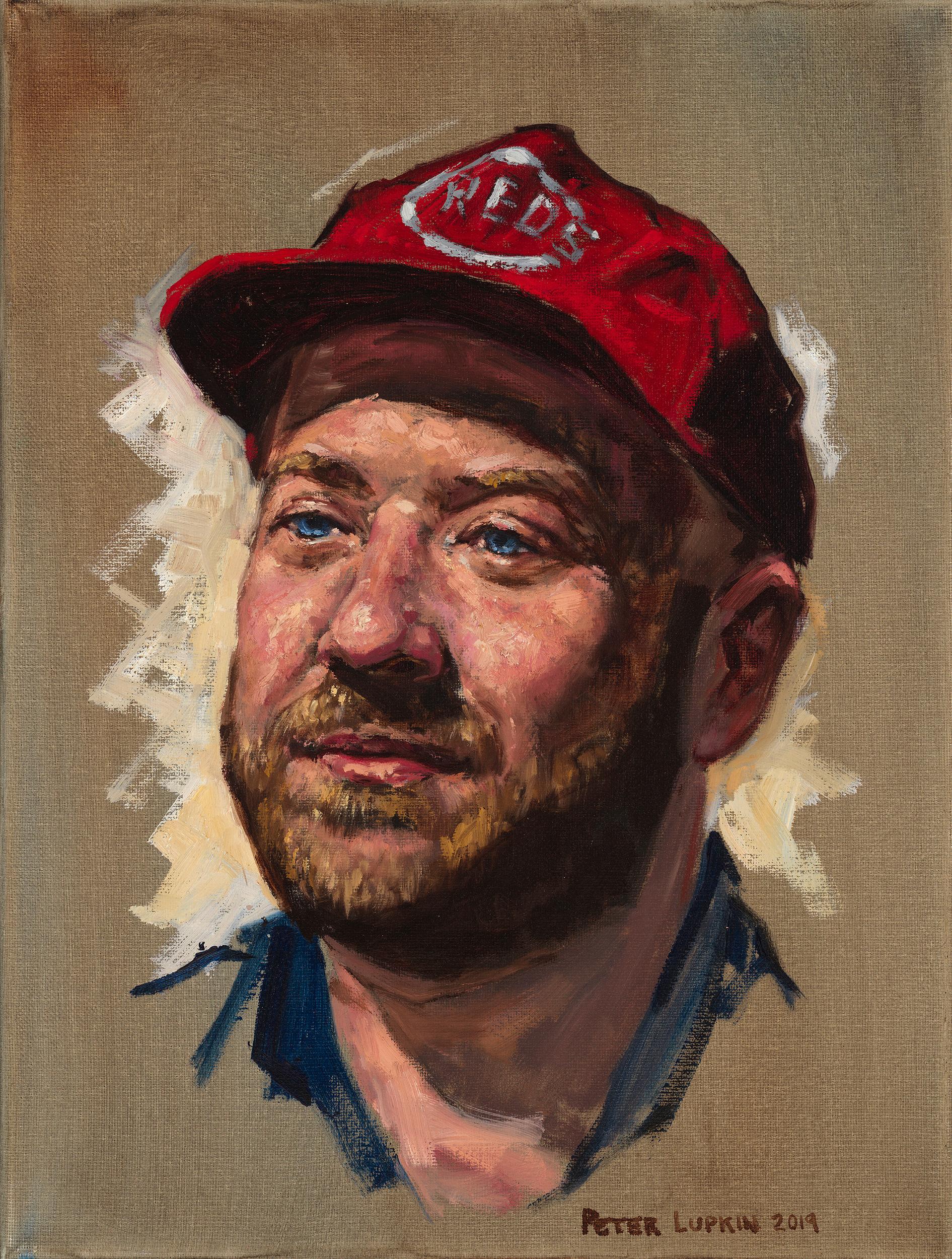 Peter Lupkin Figurative Painting - Portrait of a Bartender, John- Painting of a Guy Cincinnati Reds Baseball Cap