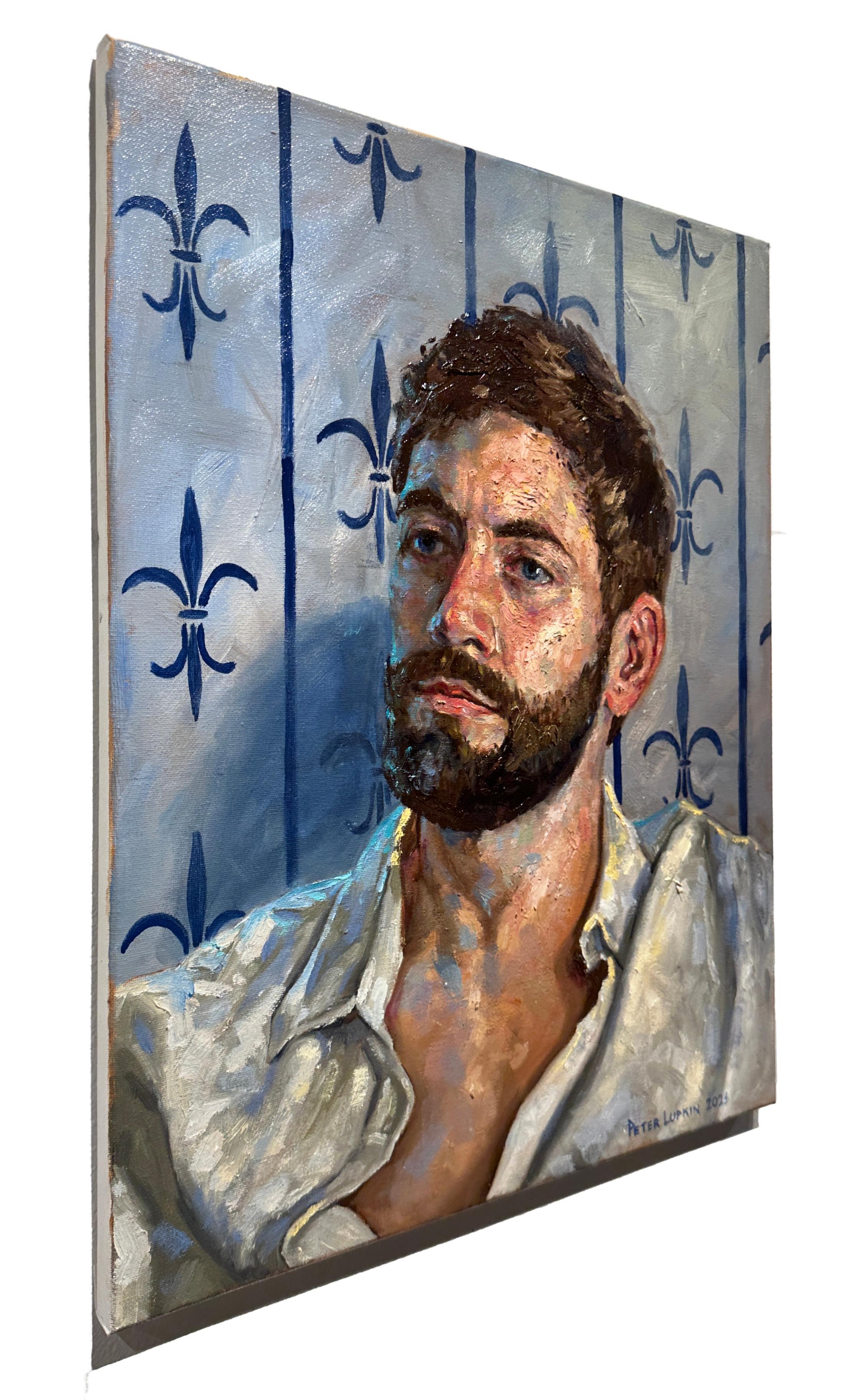 Ritratto di Benjamin - Sfondo a forma di fiore, Olio, Cornice antica Florentine - Figurative Painting Marrone di Peter Lupkin