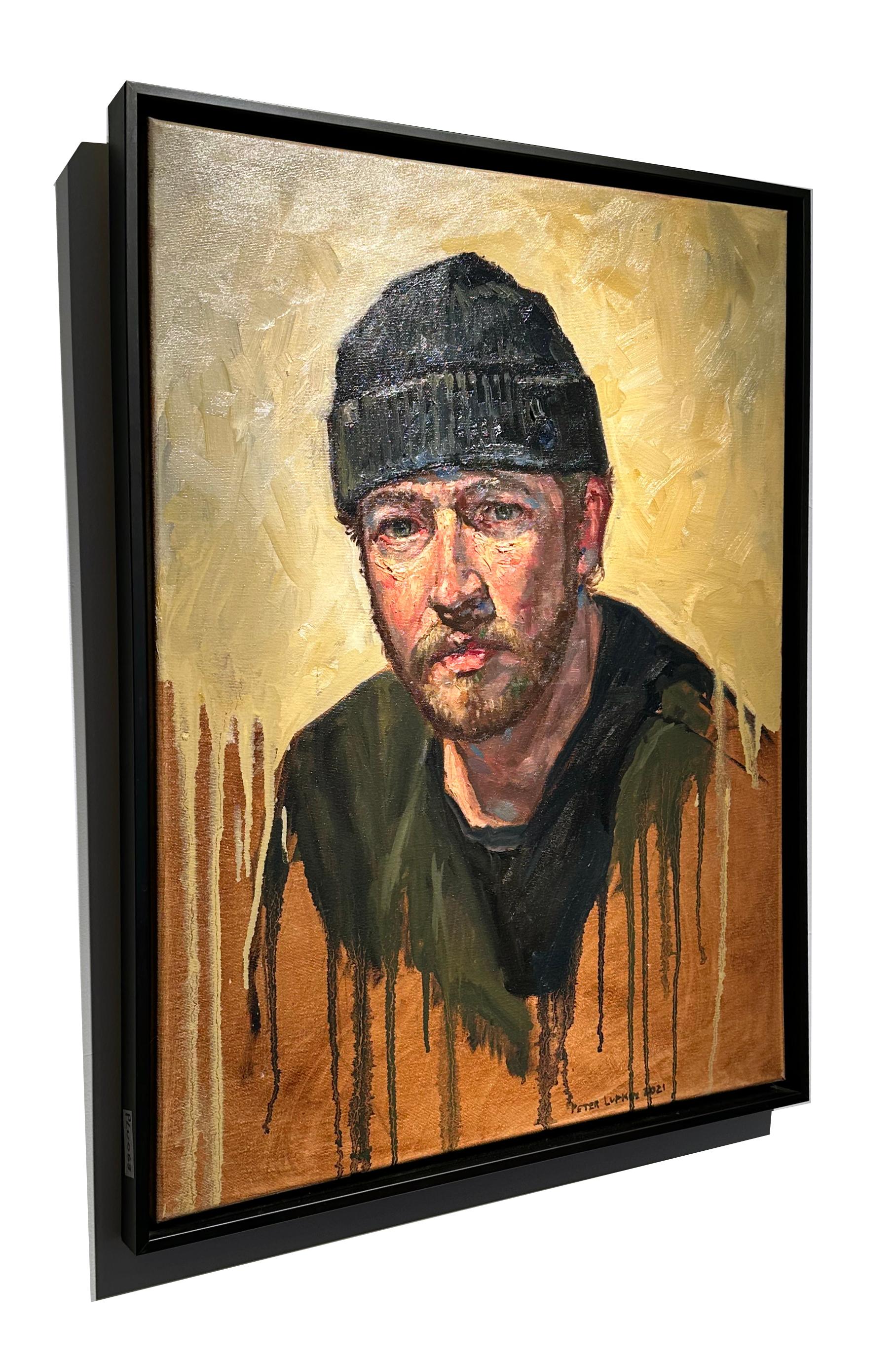 Porträt von Justen – Ölgemälde eines Mannes, der eineanie auf dem Dripping Background trägt, Porträt im Angebot 6