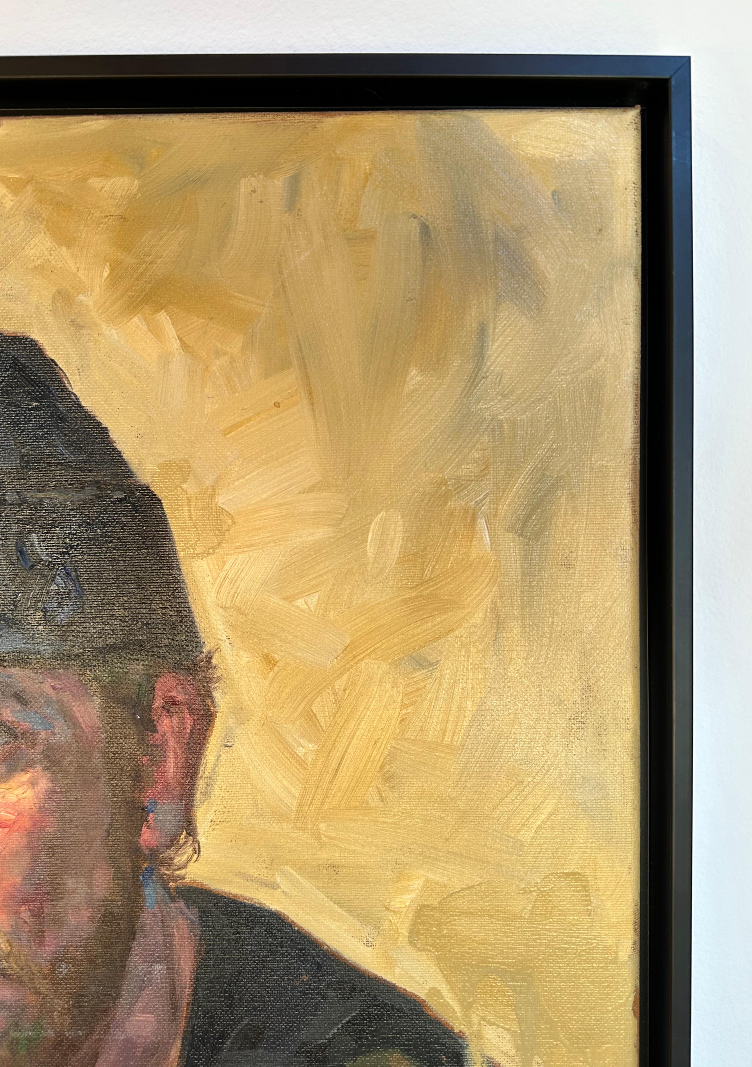 Porträt von Justen – Ölgemälde eines Mannes, der eineanie auf dem Dripping Background trägt, Porträt – Painting von Peter Lupkin