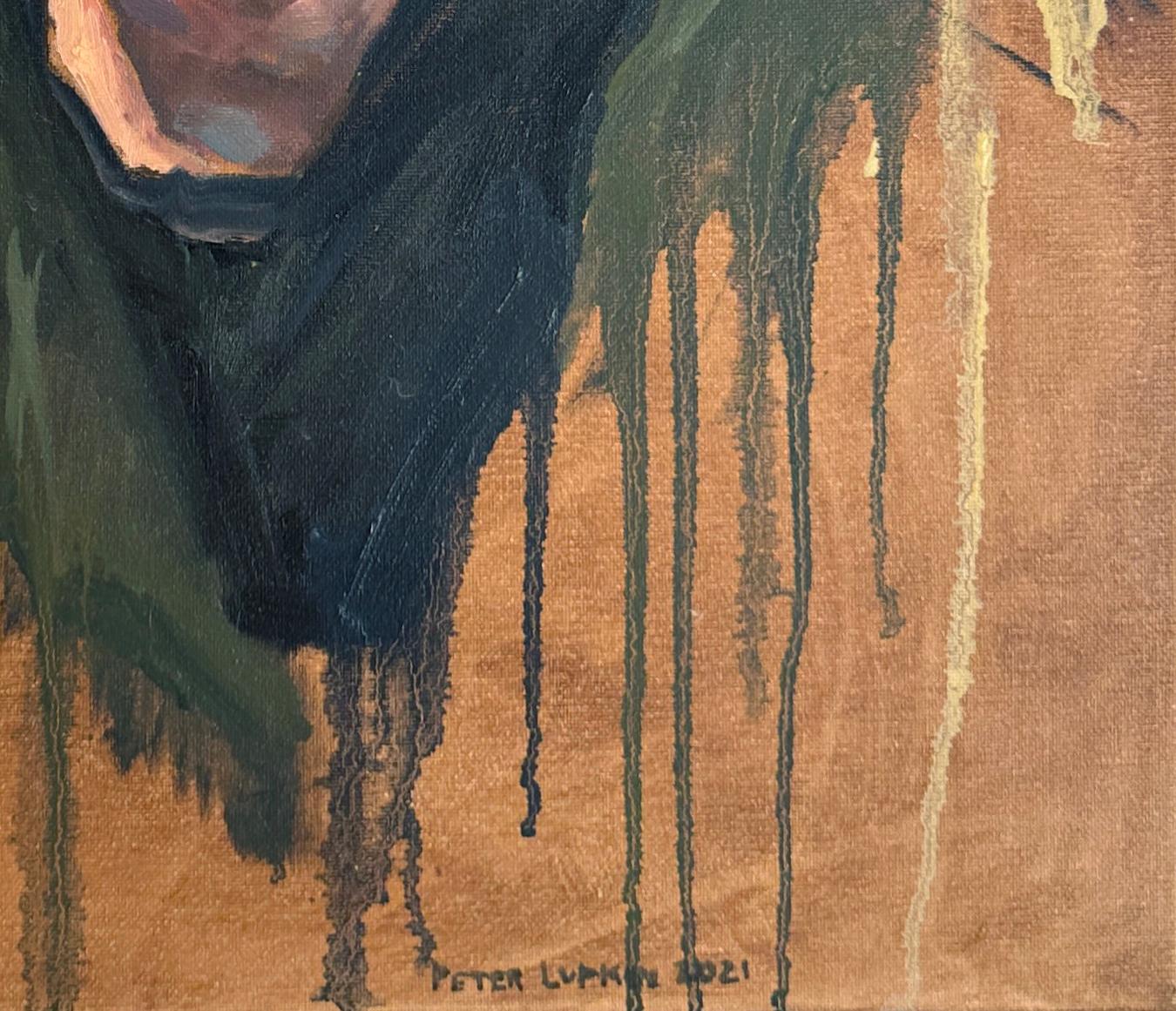 Porträt von Justen – Ölgemälde eines Mannes, der eineanie auf dem Dripping Background trägt, Porträt im Angebot 4