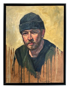 Portrait de Justen - Peinture à l'huile d'un homme portant un bonnet sur fond humide