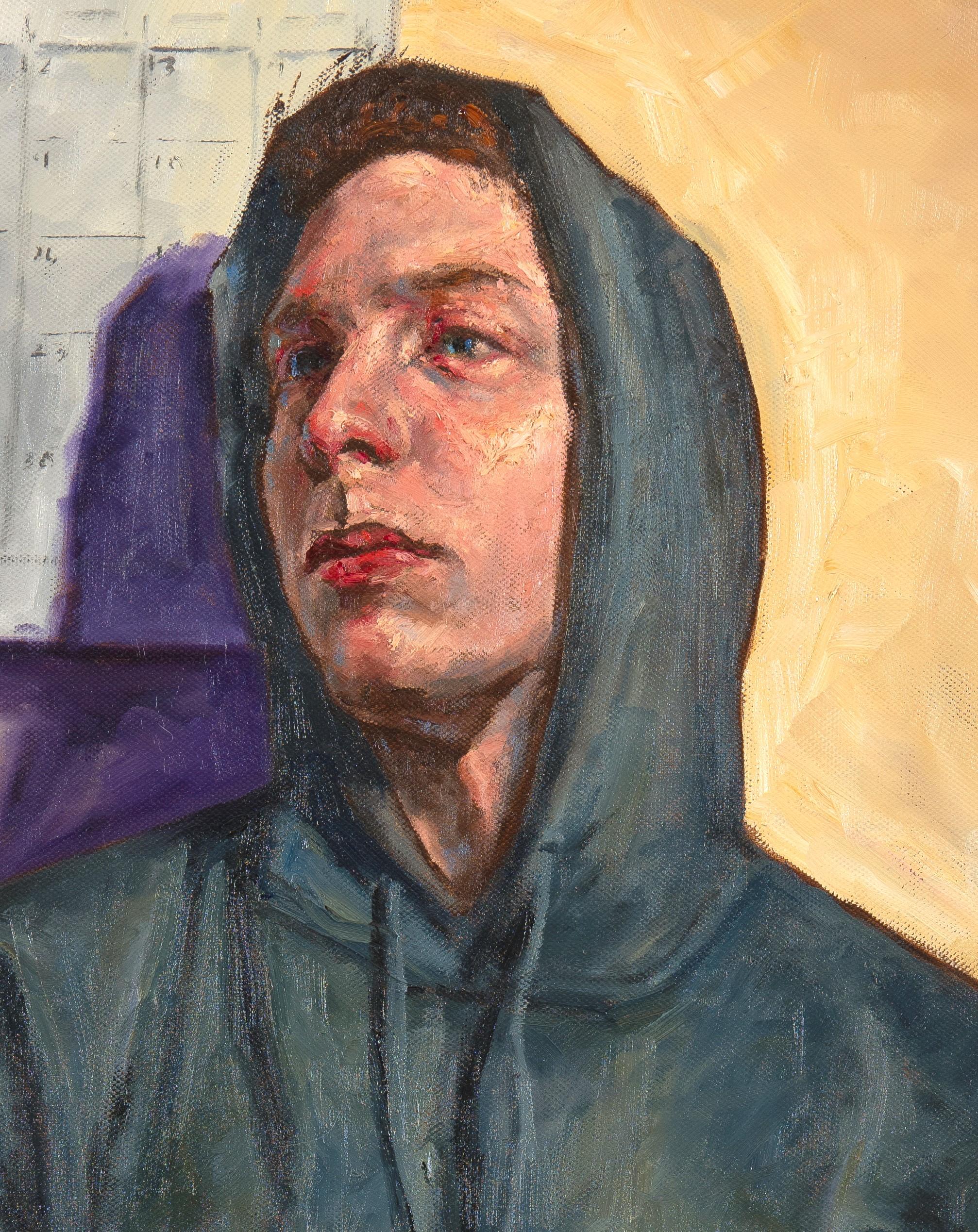 Portrait of William, April, 2020, Seated Male Wearing Gray Hoodie, Original Oil - Painting by Peter Lupkin