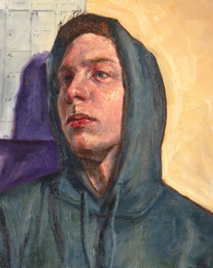 Portrait of William, April, 2020, Seated Male Wearing Gray Hoodie, Original Oil