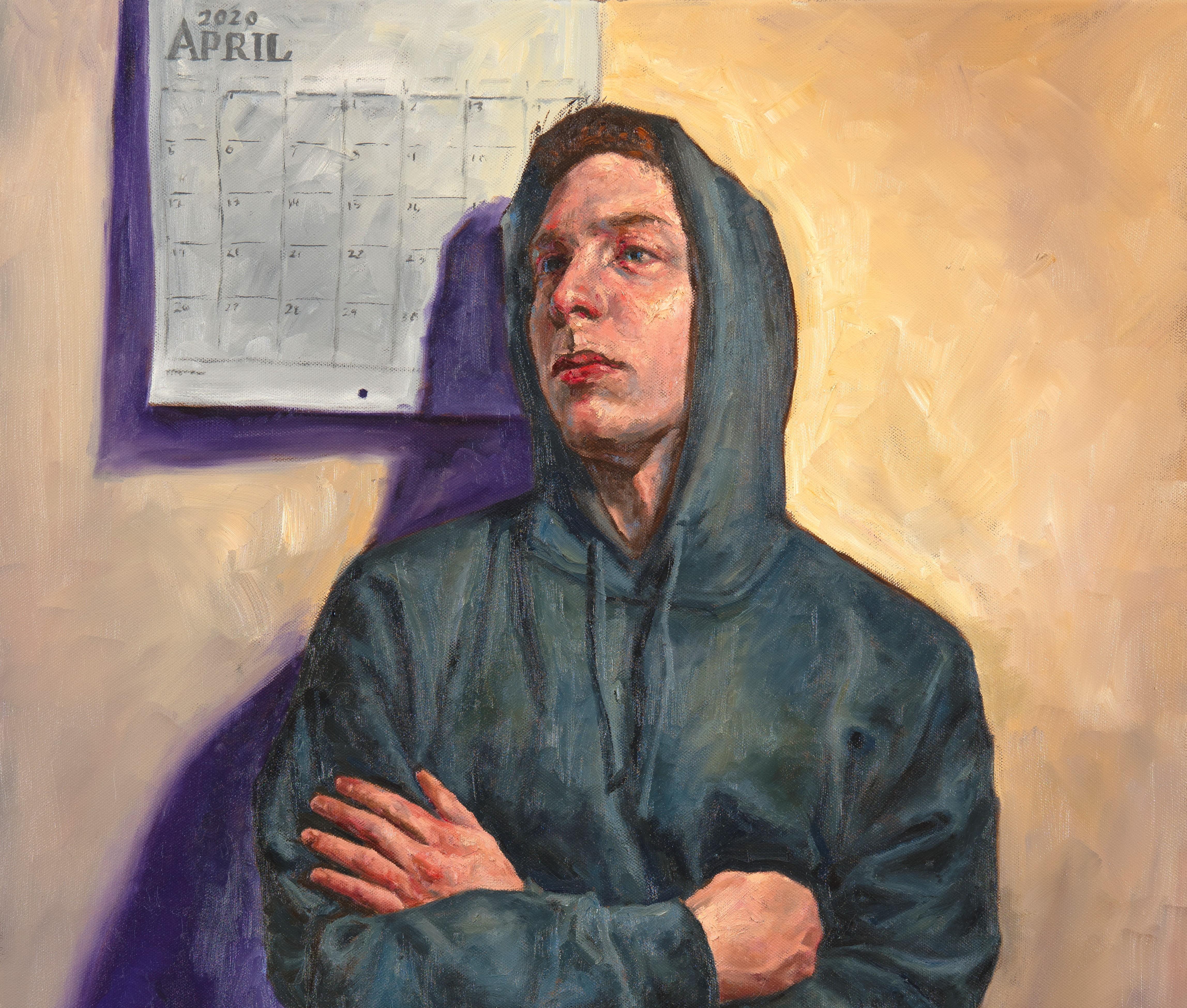 Porträt von William, April, 2020, sitzender männlicher grauer Kapuzenpullover mit Kapuze, Original Öl (Zeitgenössisch), Painting, von Peter Lupkin
