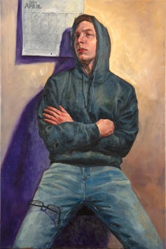 Retrato de William, abril de 2020, Hombre sentado con capucha gris, Óleo original