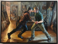 Push - Pittura ad olio originale di due uomini che si sfidano in uno studio d'artista A Space