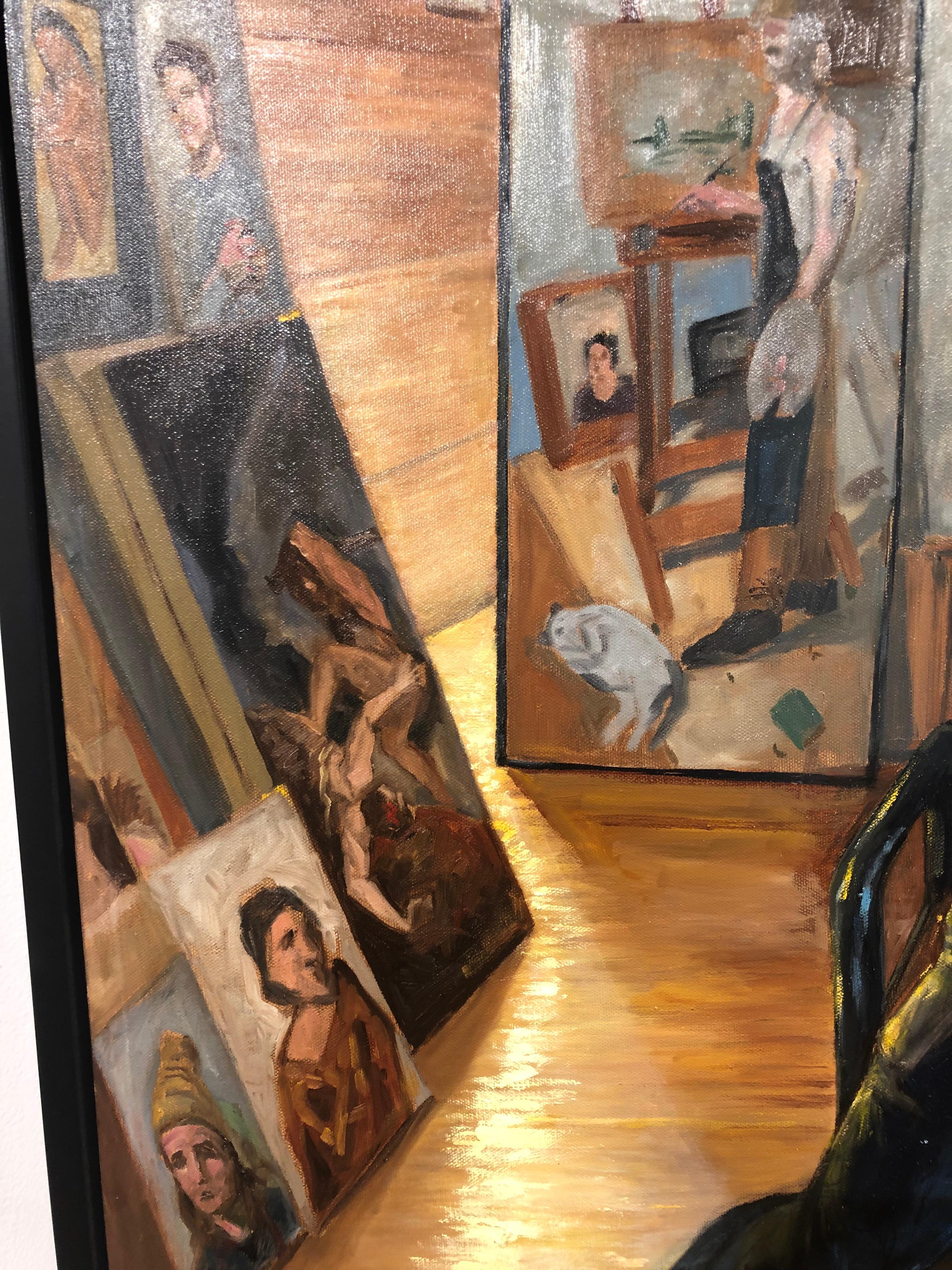 Push - Peinture à l'huile originale de deux hommes s'ebattant dans un atelier d'artiste en vente 1