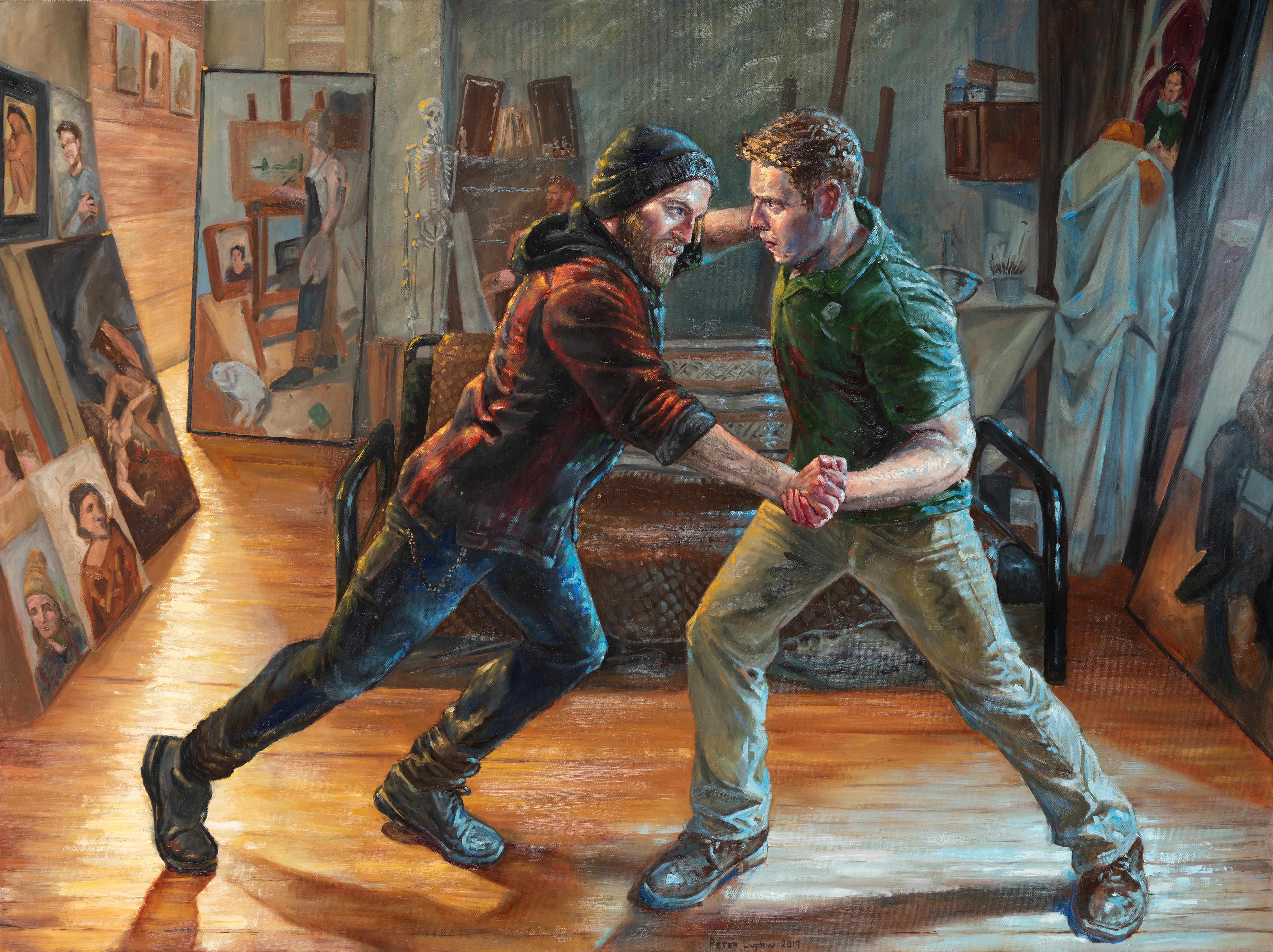 Push - Original Oil Painting of Two Males Sparring in an Artist Studio Space