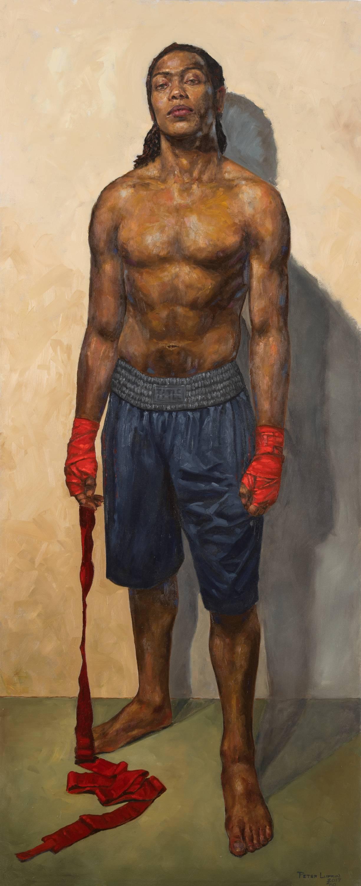 Pyrrhic Series:  Cost - Original Oil Painting of a Fighter with Red Hand Wrap