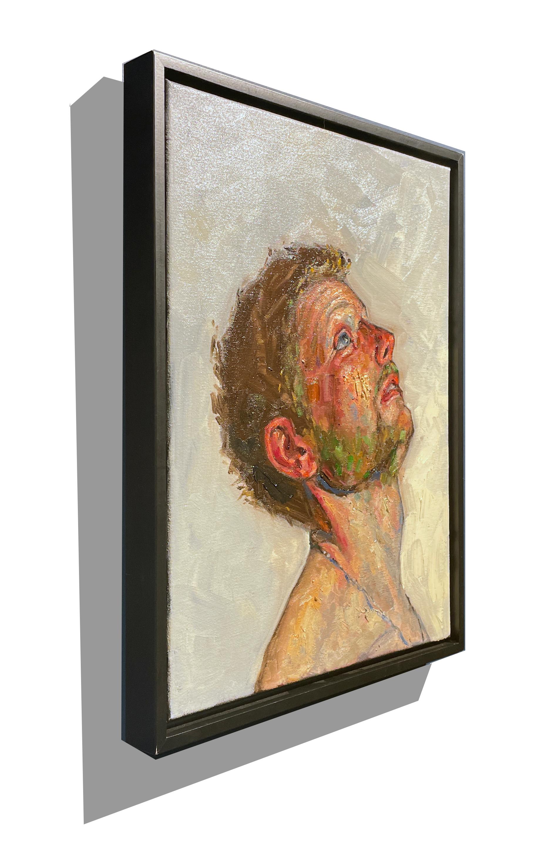 Autoritratto che solleva - Vista laterale dell'artista, Olio su tela, con cornice - Painting Contemporaneo di Peter Lupkin