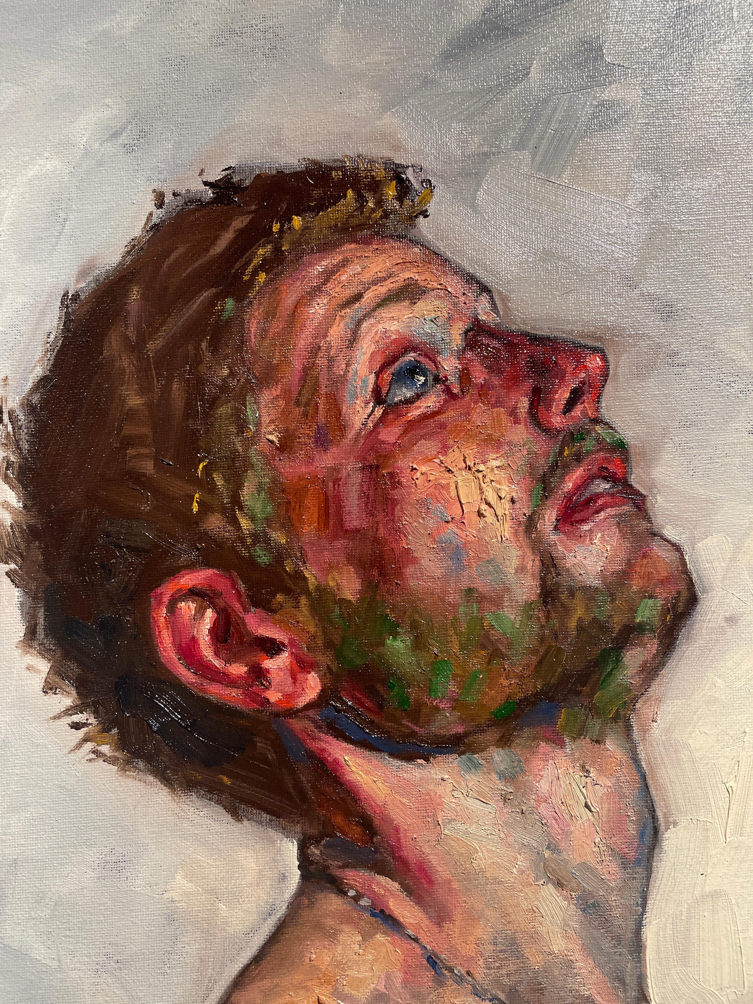 Autoritratto che solleva - Vista laterale dell'artista, Olio su tela, con cornice - Portrait Painting Beige di Peter Lupkin