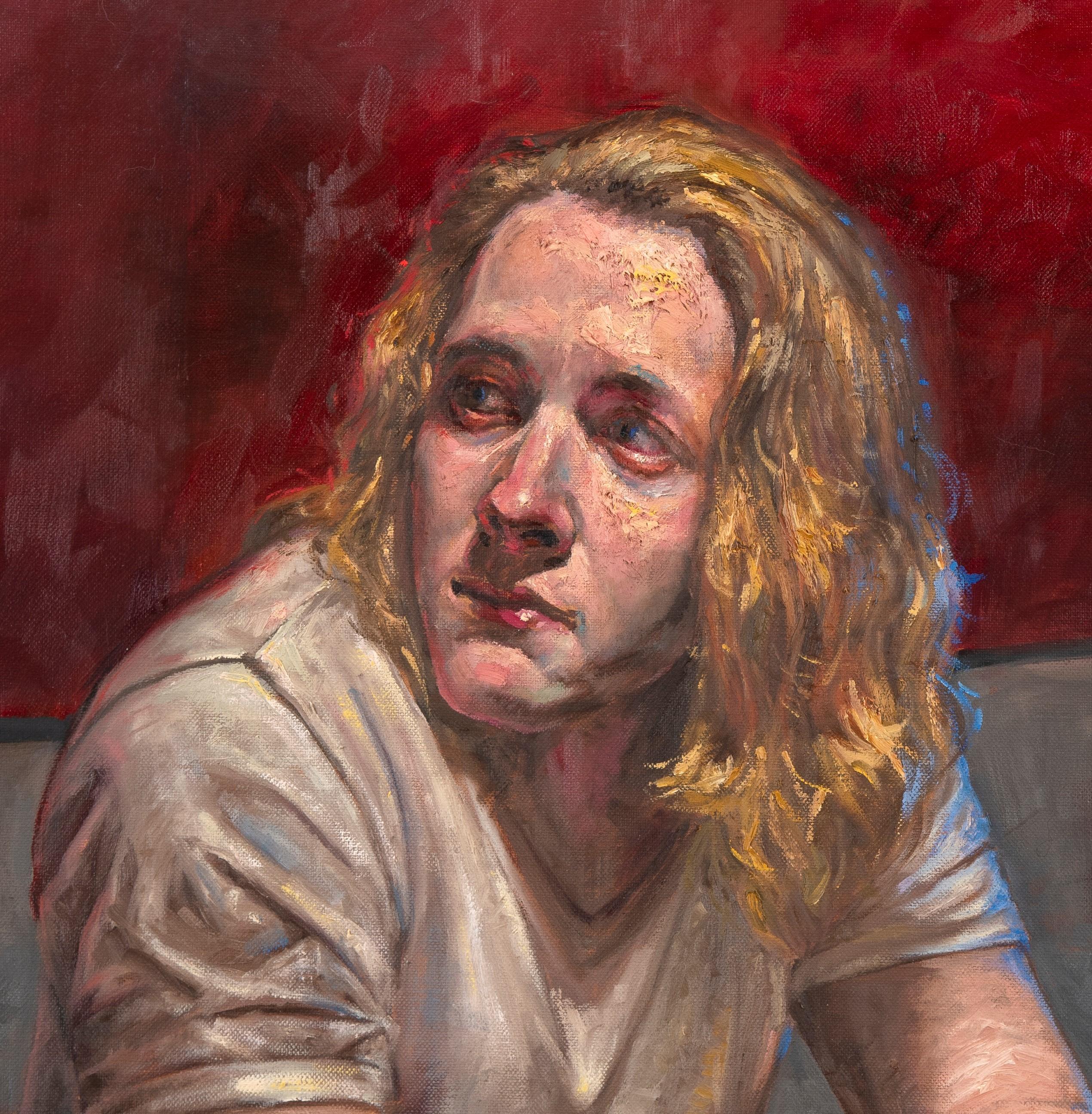 La Bohème solitaria, figura maschile singola seduta al bar, che fuma e beve prosciutti - Painting di Peter Lupkin