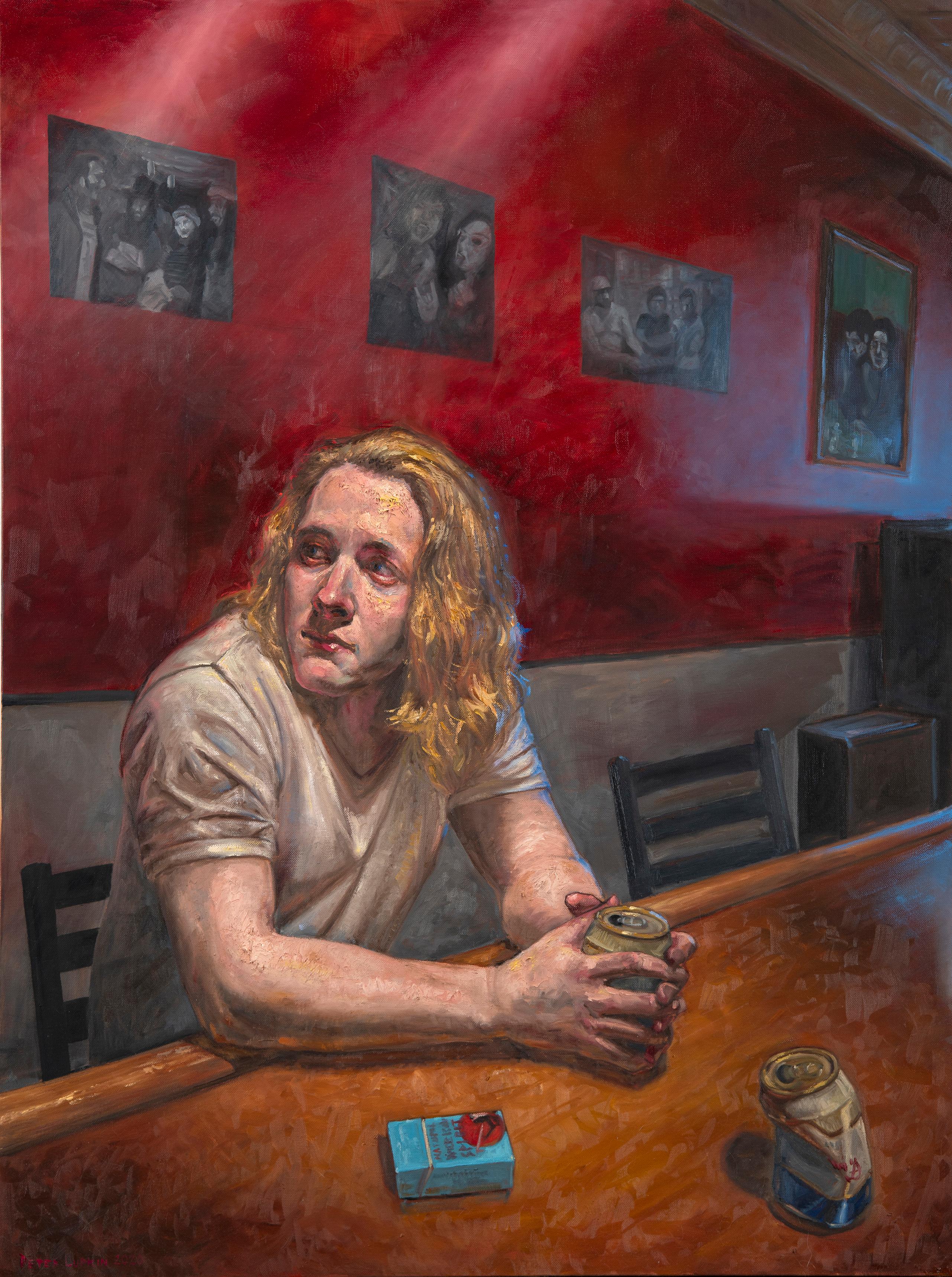 Peter Lupkin Figurative Painting - Solitary La Boheme, Single Male Figure Seated at a Bar, Smoking, Drinking Hamms