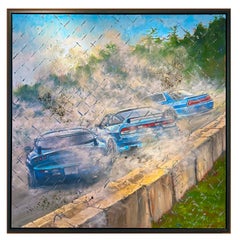 Spectator - Three Cars Drifting, Original Ölgemälde von Peter Lupkin, gerahmt
