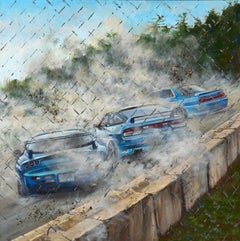 Spectator - Three Cars Drifting, Original Oil Painting by Peter Lupkin, Framed
