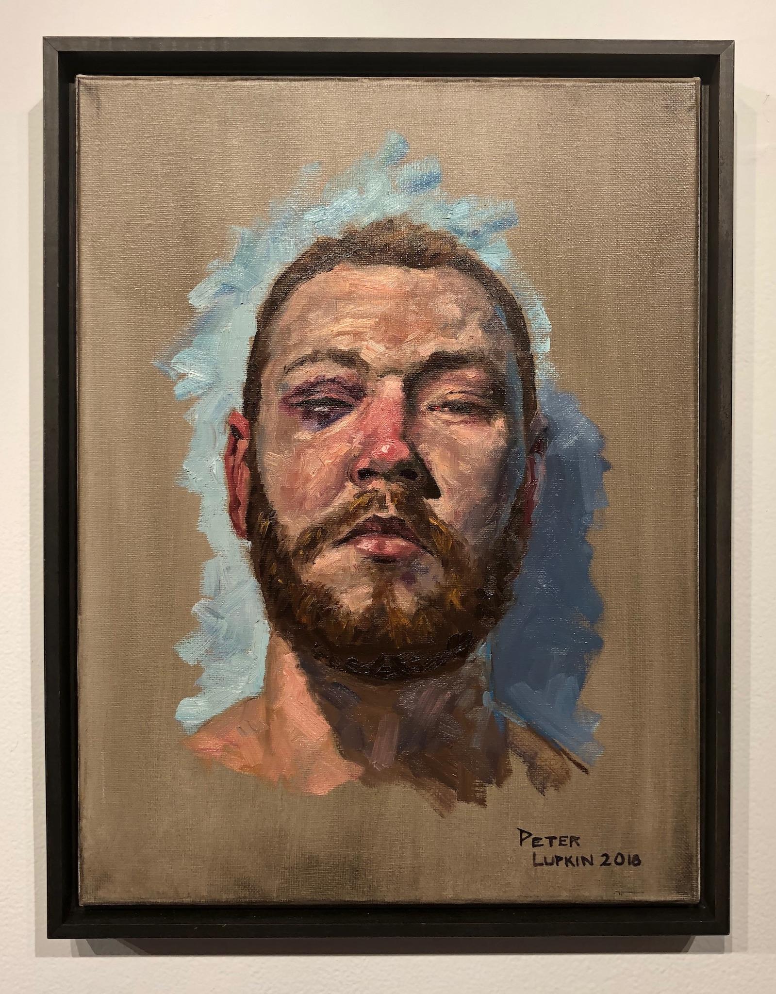 TJ, Porträt eines männlichen Boxers mit zwei schwarzen Augen, blauer und beigefarbener Hintergrund – Painting von Peter Lupkin