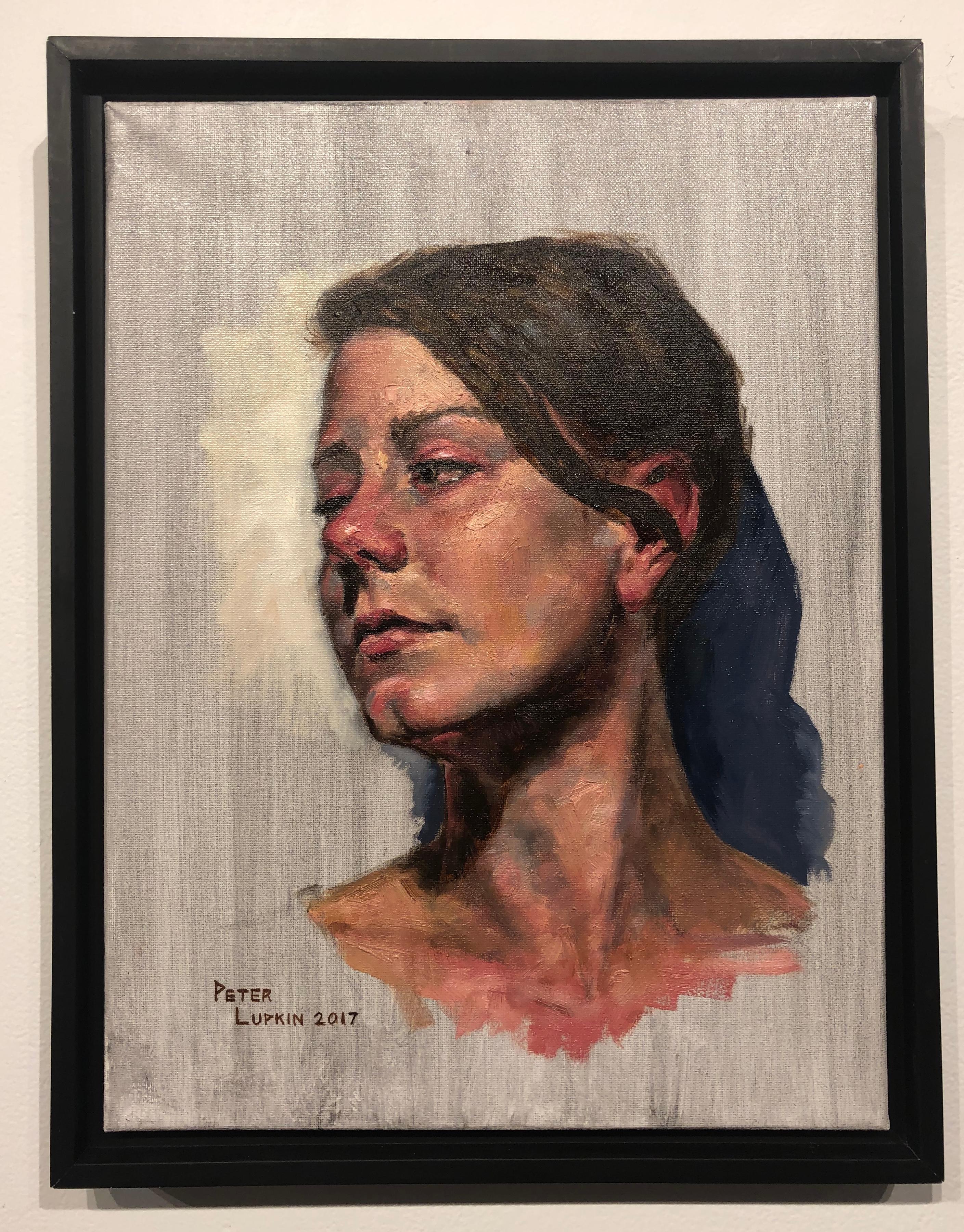 Ohne Titel, Porträt einer weiblichen Frau, die sich über ihre Schulter blickt, Original, Öl auf Leinwand – Painting von Peter Lupkin