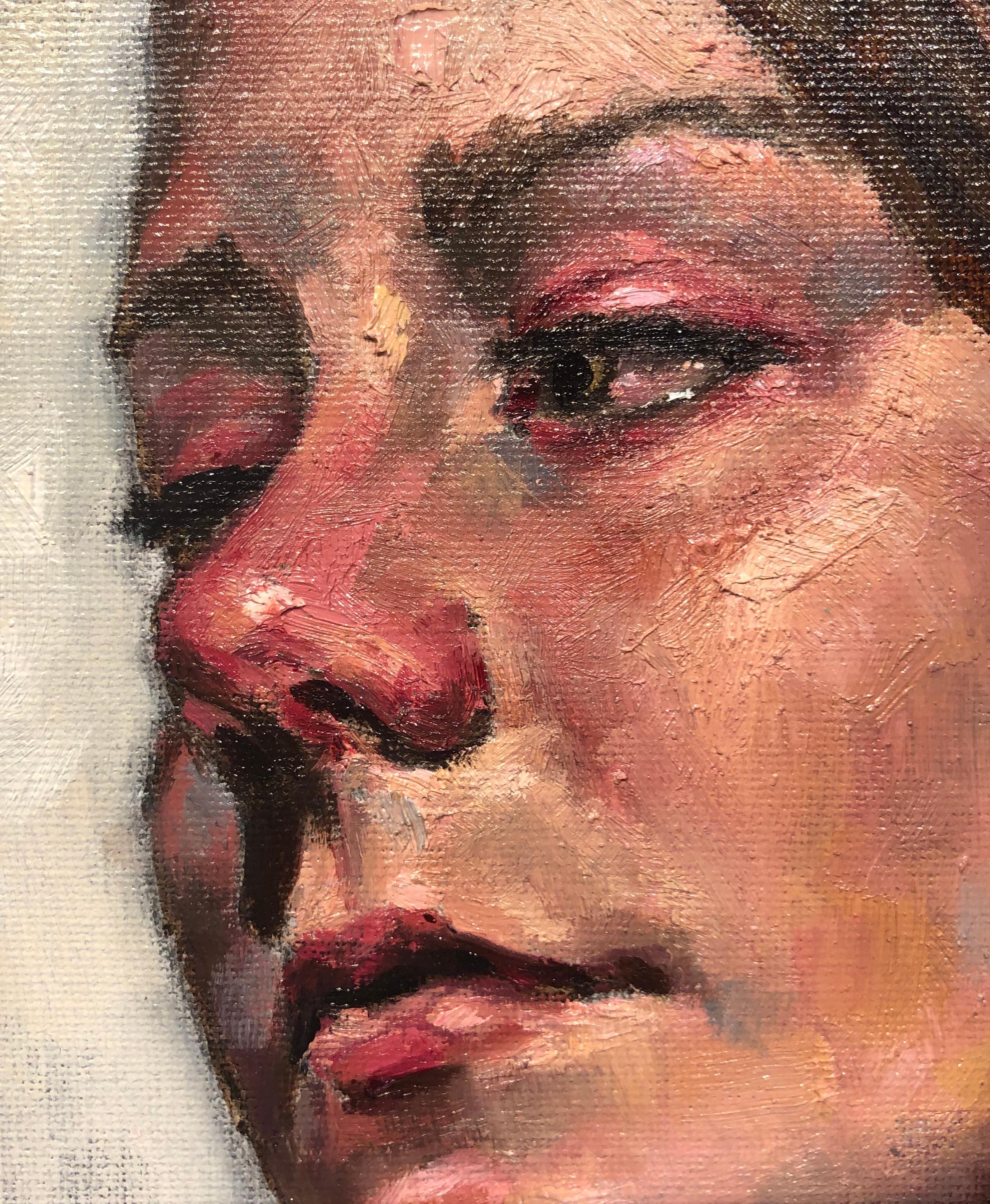 Ohne Titel, Porträt einer weiblichen Frau, die sich über ihre Schulter blickt, Original, Öl auf Leinwand (Zeitgenössisch), Painting, von Peter Lupkin