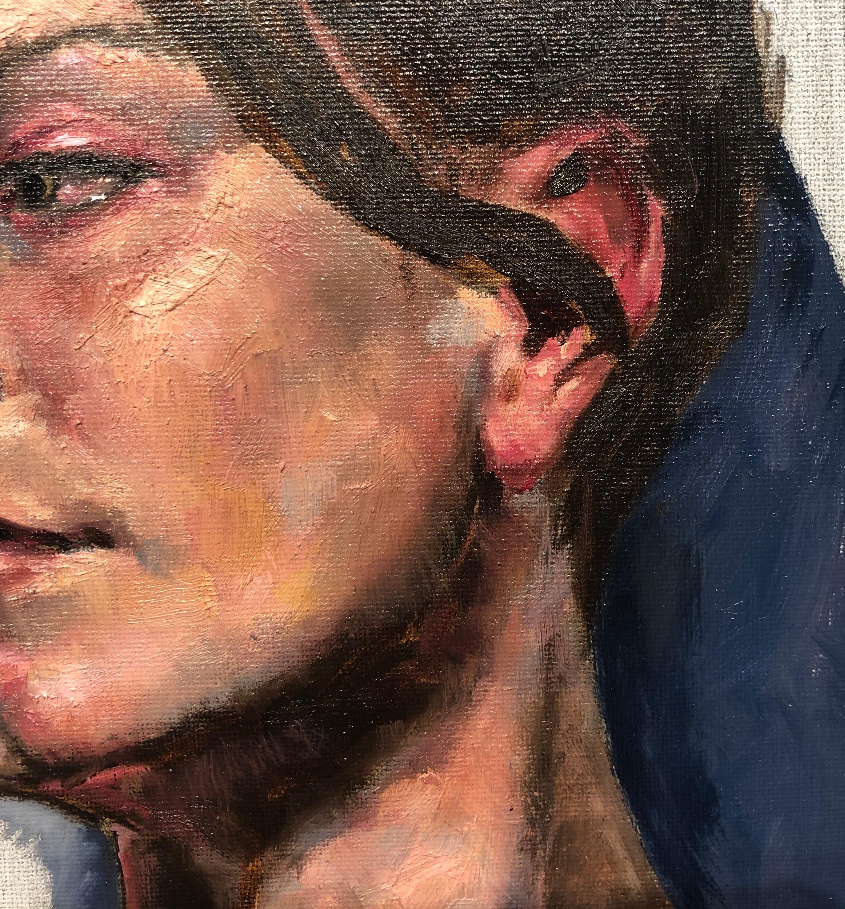 Ohne Titel, Porträt einer weiblichen Frau, die sich über ihre Schulter blickt, Original, Öl auf Leinwand (Beige), Portrait Painting, von Peter Lupkin