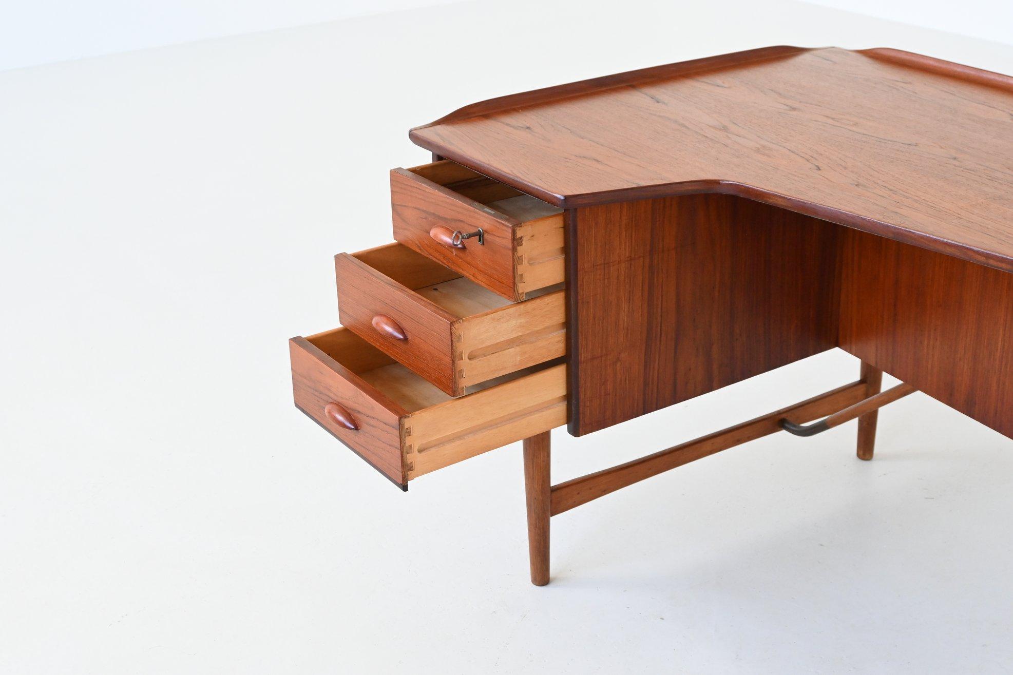 Brass Peter Løvig Nielsen boomerang writing desk in teak Løvig Denmark 1960 For Sale