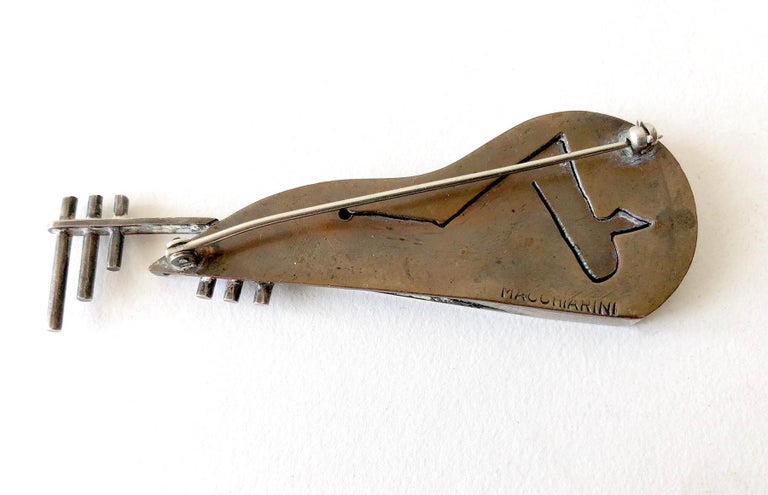 Modernist Early Peter Macchiarini Sterling and Copper Abstract Modern Bass Guitar Brooch For Sale