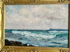 19th century Scottish beach landscape with waves on the shore and fishing boats