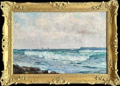 Antique 19th century Scottish beach landscape with waves on the shore and fishing boats