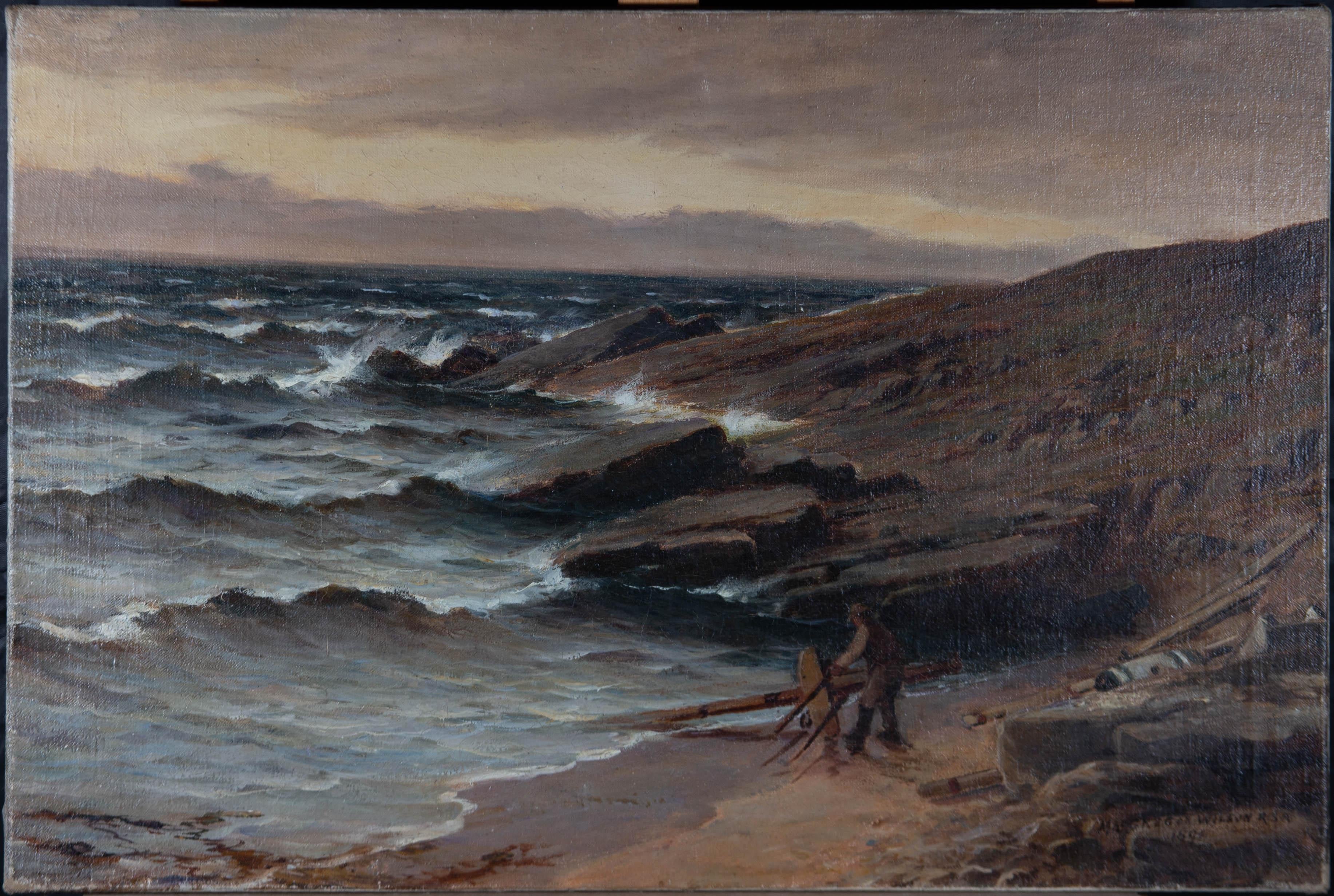 A view across stormy seas with a man picking the remnants of a wrecked ship from the waves in the foreground. Signed and dated to the lower-right edge.
