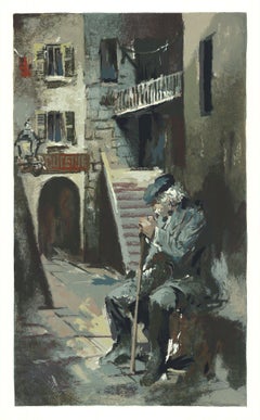 1974 Peter Malloy 'Old Man Sitting in an Alley' Contemporary Multicolor, Neutral,